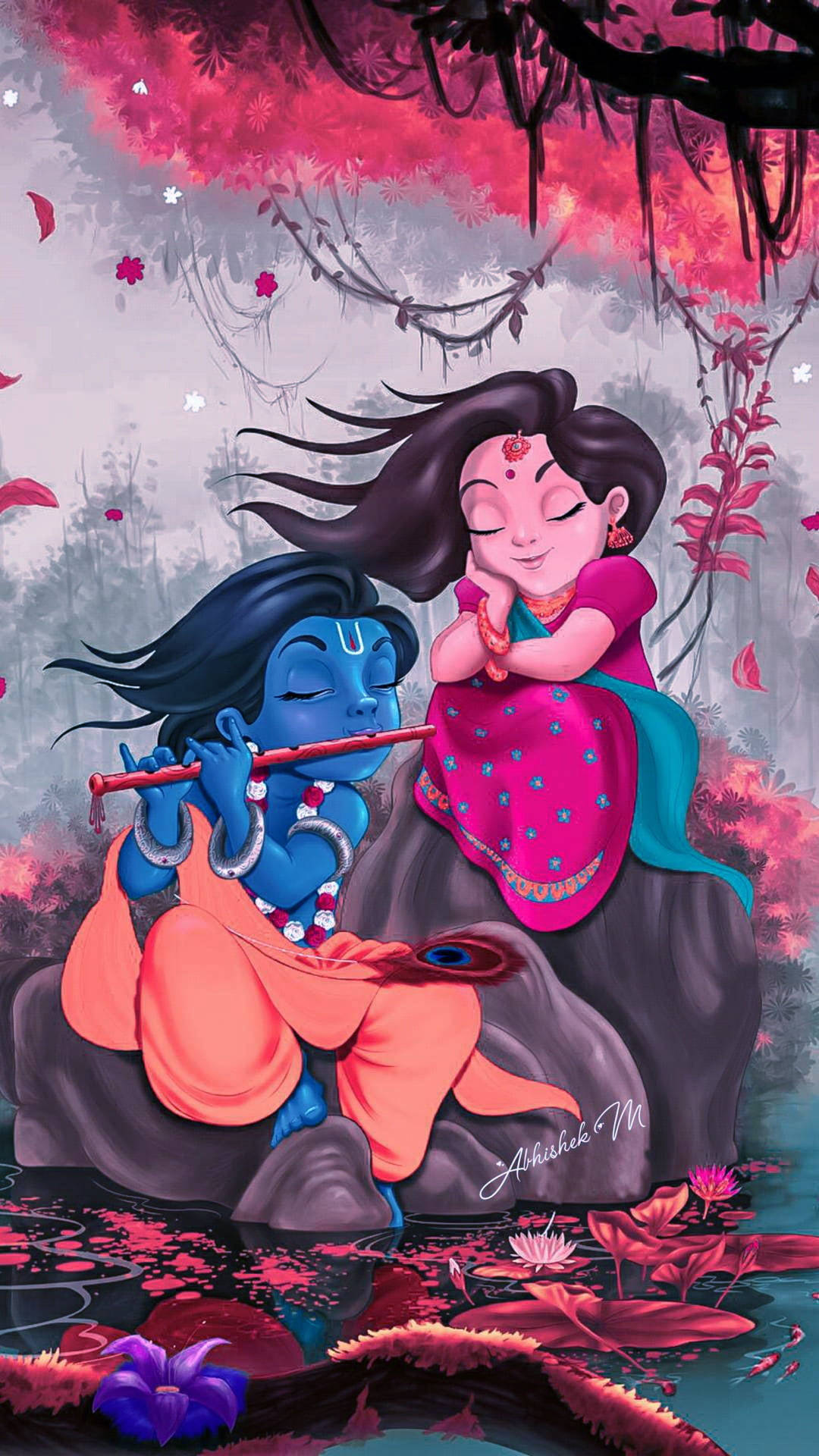 animated krishna 桌布 壁紙 — 一位藍皮膚的神明在荷花池旁粉紅花樹下為一位寧靜的女孩吹奏長笛。