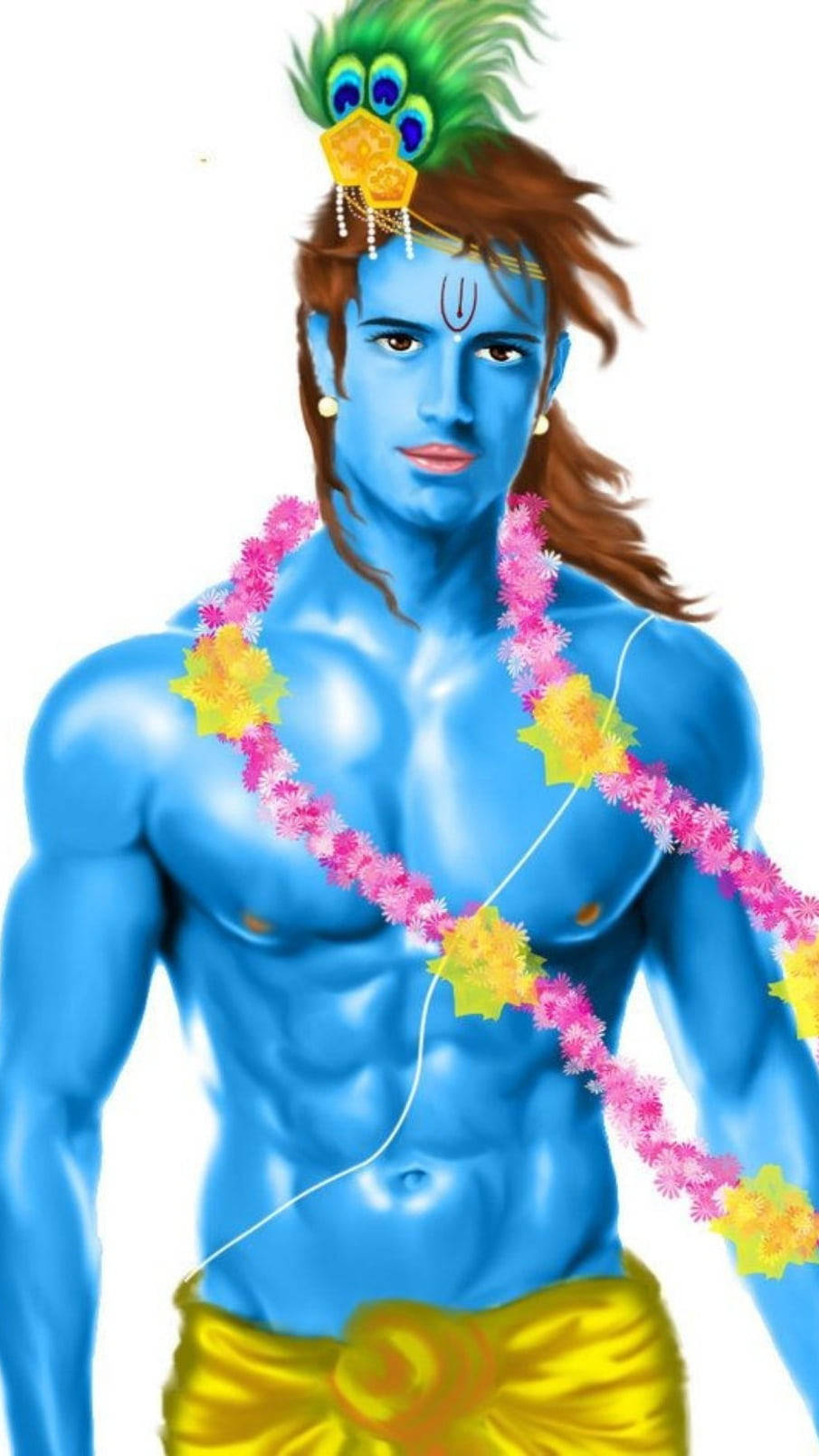 krishna 3d 桌布 壁紙 — 一位藍皮膚的神祇，戴著孔雀羽毛冠和花環，站在白色背景前。