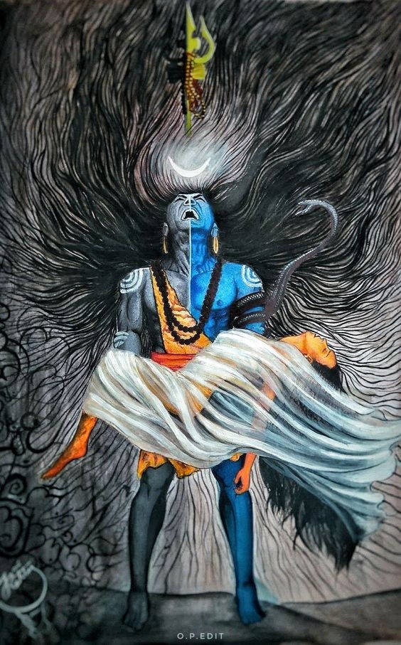 angry shiva 桌布 壁紙 — 一位藍皮膚的神祇，身穿飄逸白袍，頭戴新月冠冕，立於旋轉的黑暗能量之中，高舉金色三叉戟。