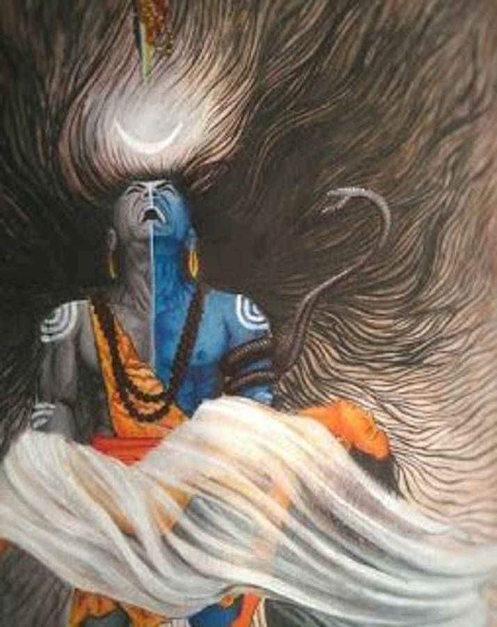 bholenath 桌布 壁紙 — 一位藍皮膚的神祇，飄逸的白髮和橙色長袍，站在旋轉的黑暗能量中，上方有一彎新月。