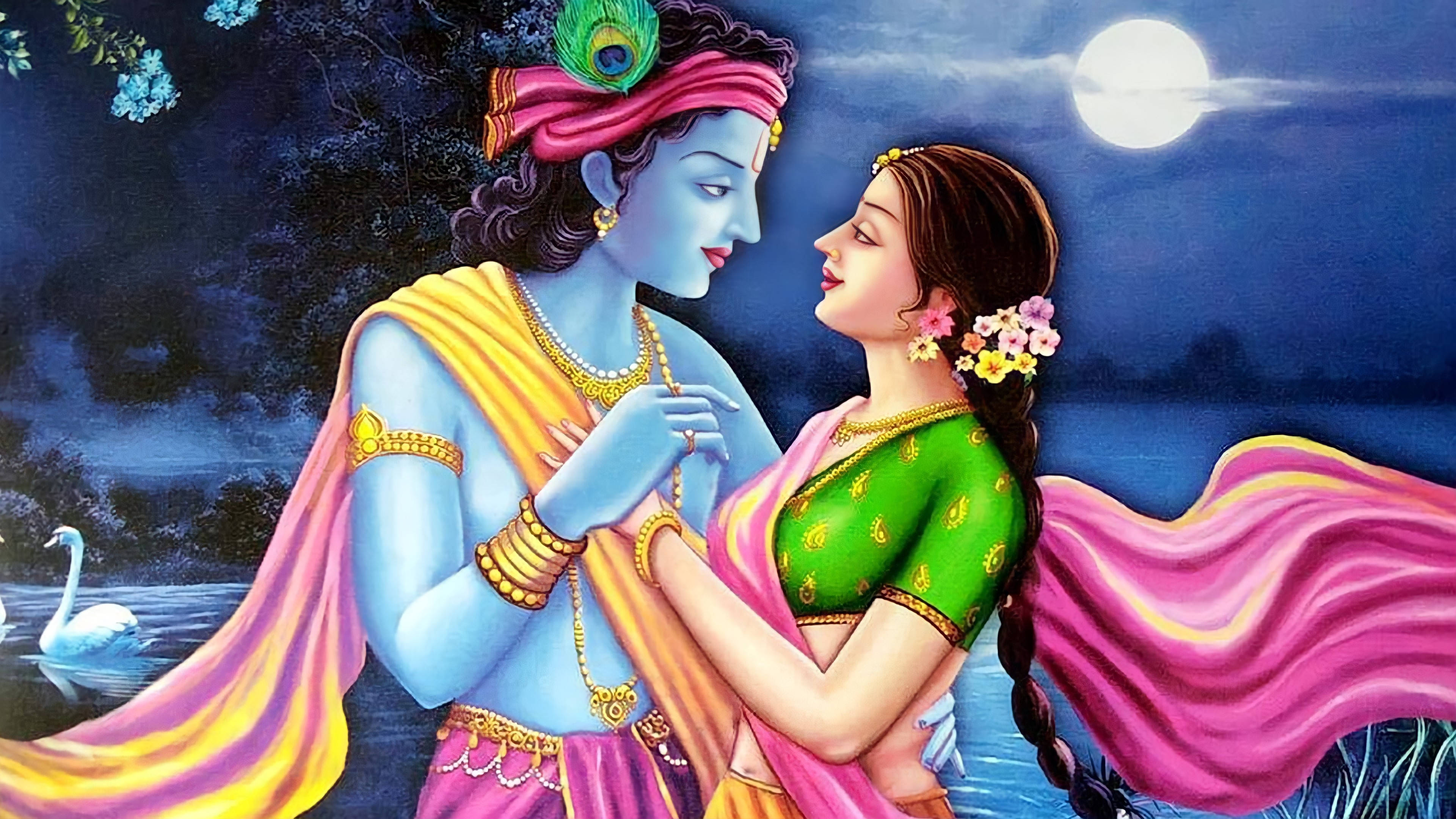 krishna 3d 桌布 壁紙 — 一位藍皮膚的神祇和一位穿著鮮豔服飾的女子，在滿月下，於天鵝相伴的寧靜湖邊深情對望。