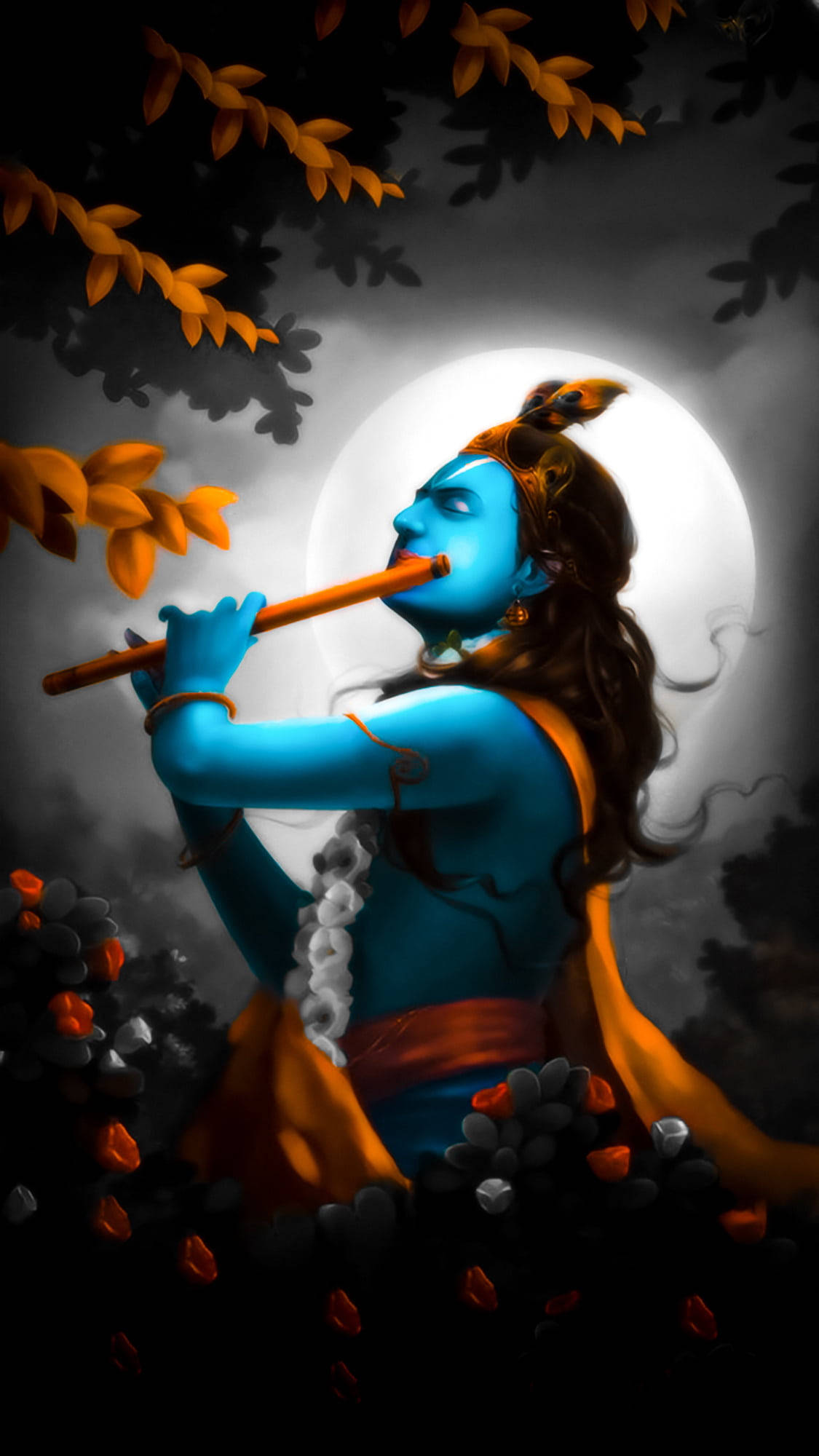 krishna ji 桌布 壁紙 — 一位藍皮膚的神祇在滿月下吹奏長笛，周圍環繞著秋葉和烏雲。