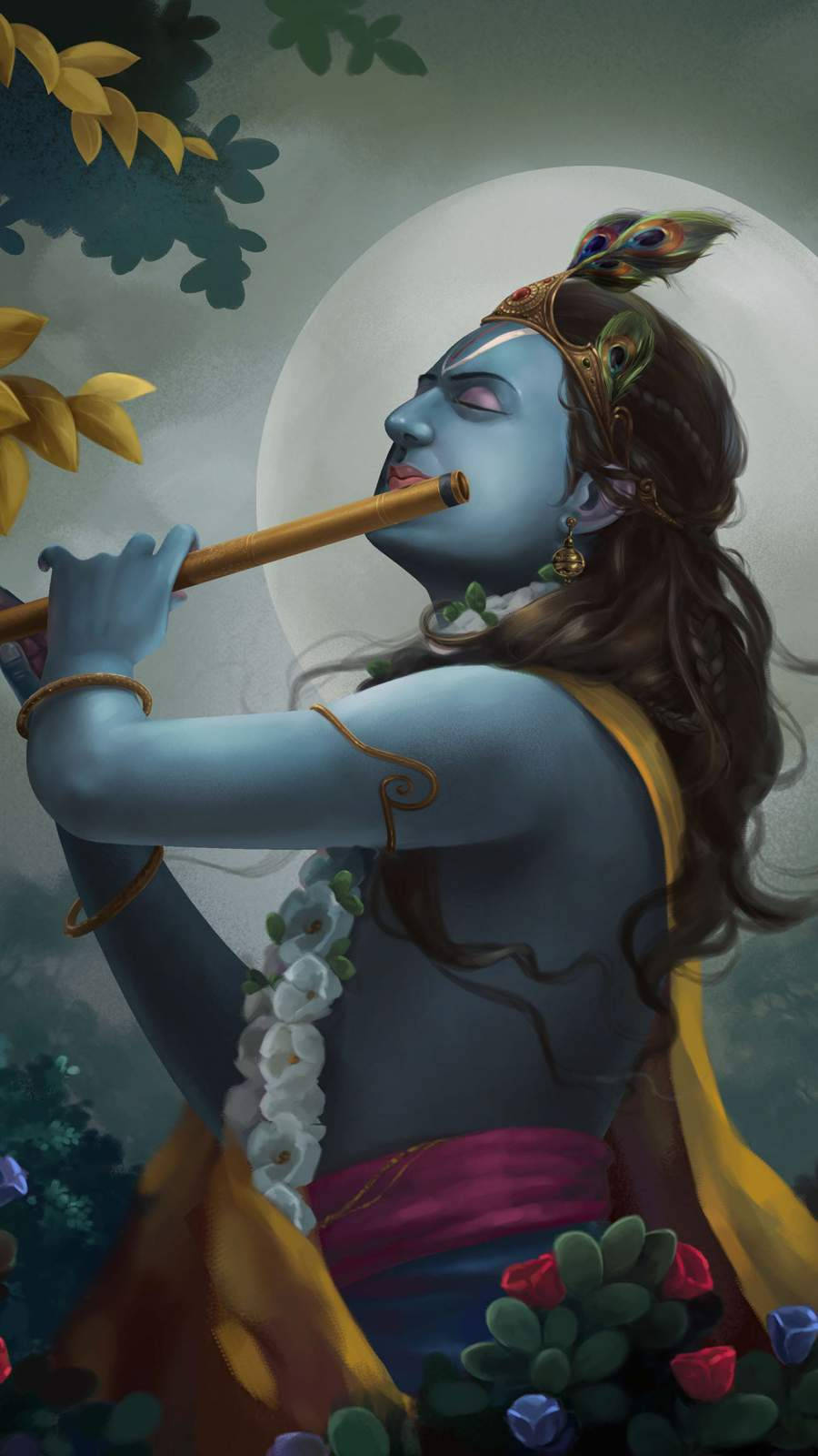 krishna iPhone 桌布 壁紙 — 一位藍皮膚的神祇帶著孔雀羽毛，在滿月下吹奏笛子，周圍盛開著花朵。