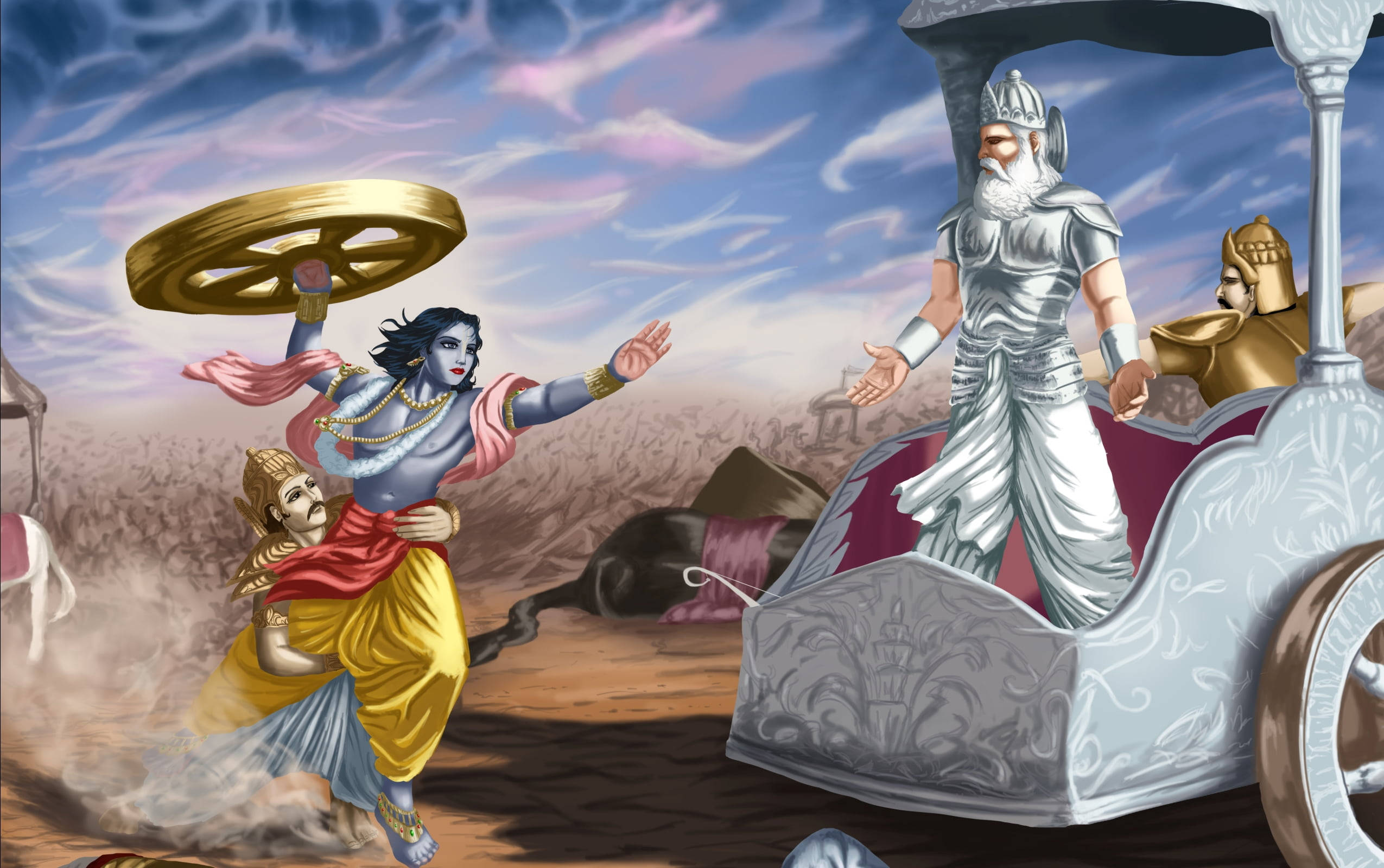 Shri Krishna 桌布 壁紙 — 一位藍皮膚的神祇揮舞著金色輪子，與一位乘坐銀色戰車的戰士在塵土飛揚的戰場上交戰。