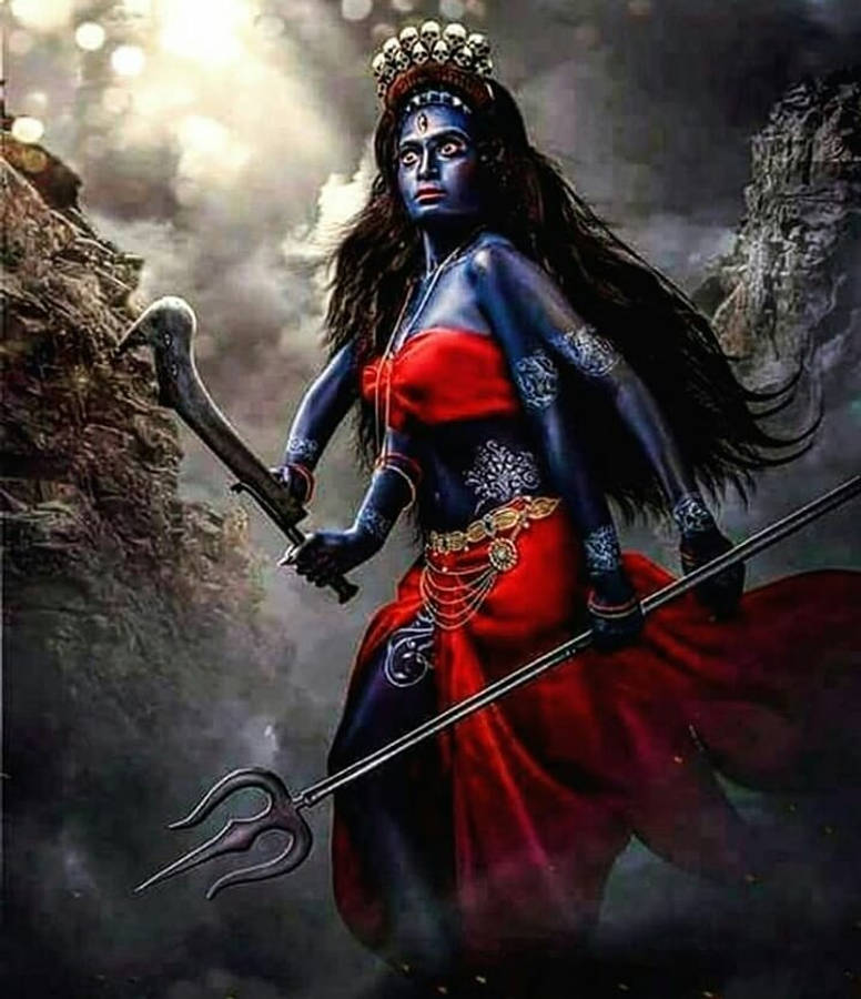 Goddess Kali 桌布 壁紙 — 一位藍皮膚的長黑髮女神站在霧氣瀰漫的岩石景觀中，手持三叉戟和彎曲的劍。