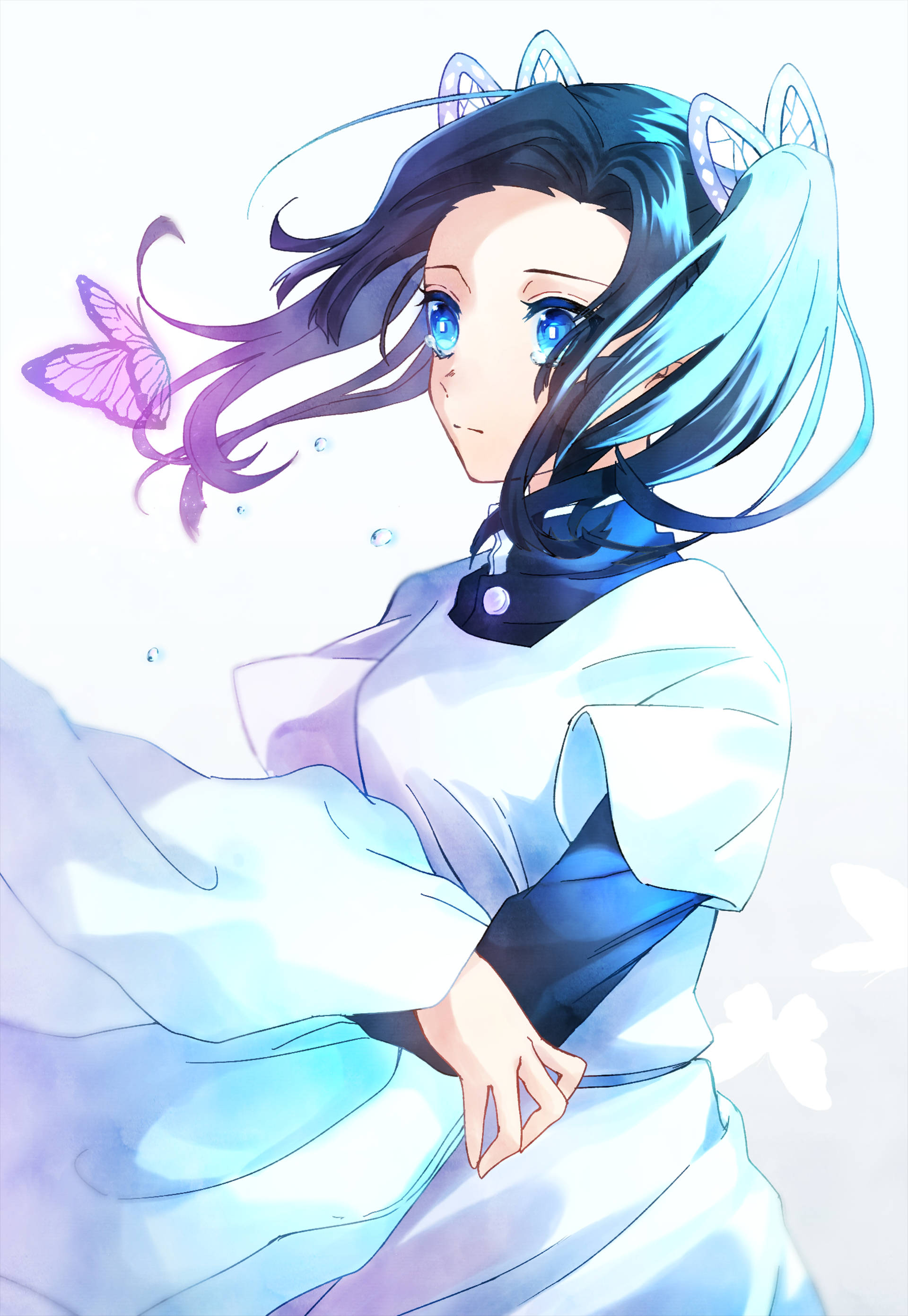 aoi kanzaki 桌布 壁紙 — 一位藍眼動漫少女，飄逸的深色頭髮和貓耳，優雅地站立，一隻紫色蝴蝶在她身邊翩翩起舞。
