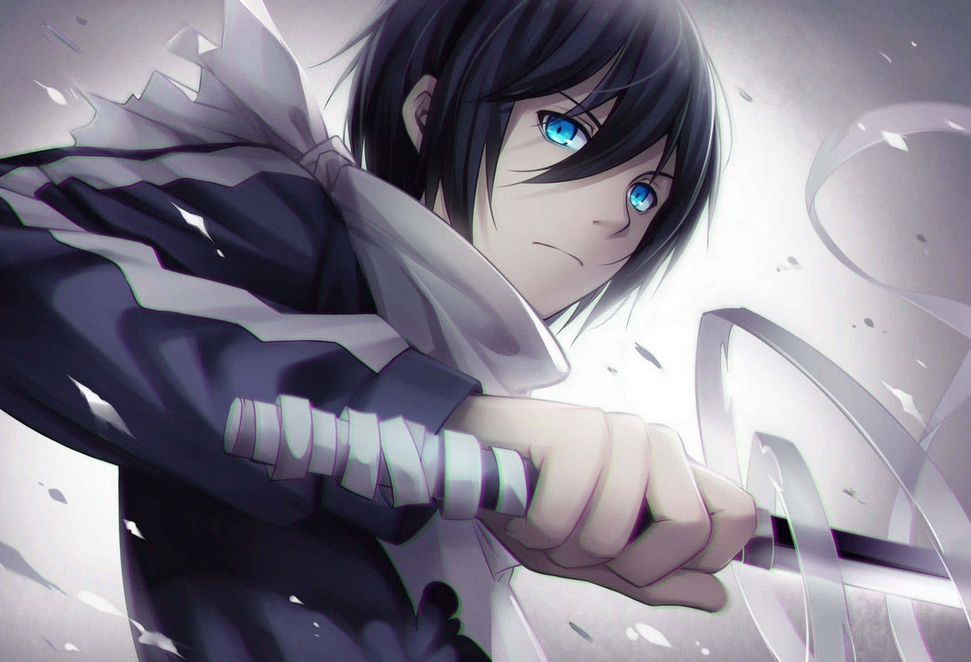 Noragami 桌布 壁紙 — 一位藍眼動漫戰士在破碎玻璃和旋轉能量中緊握劍，動態特寫。