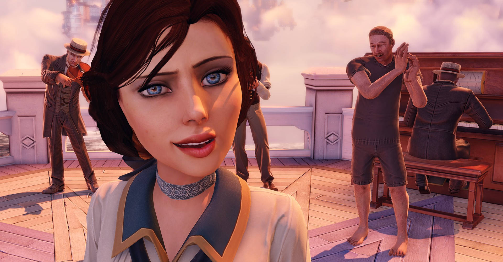 bioshock 4K 桌布 壁紙 — 一位藍眼睛、棕色頭髮的女性站在木質甲板上，穿著復古服裝的男性在陰天天空下演奏音樂和跳舞。
