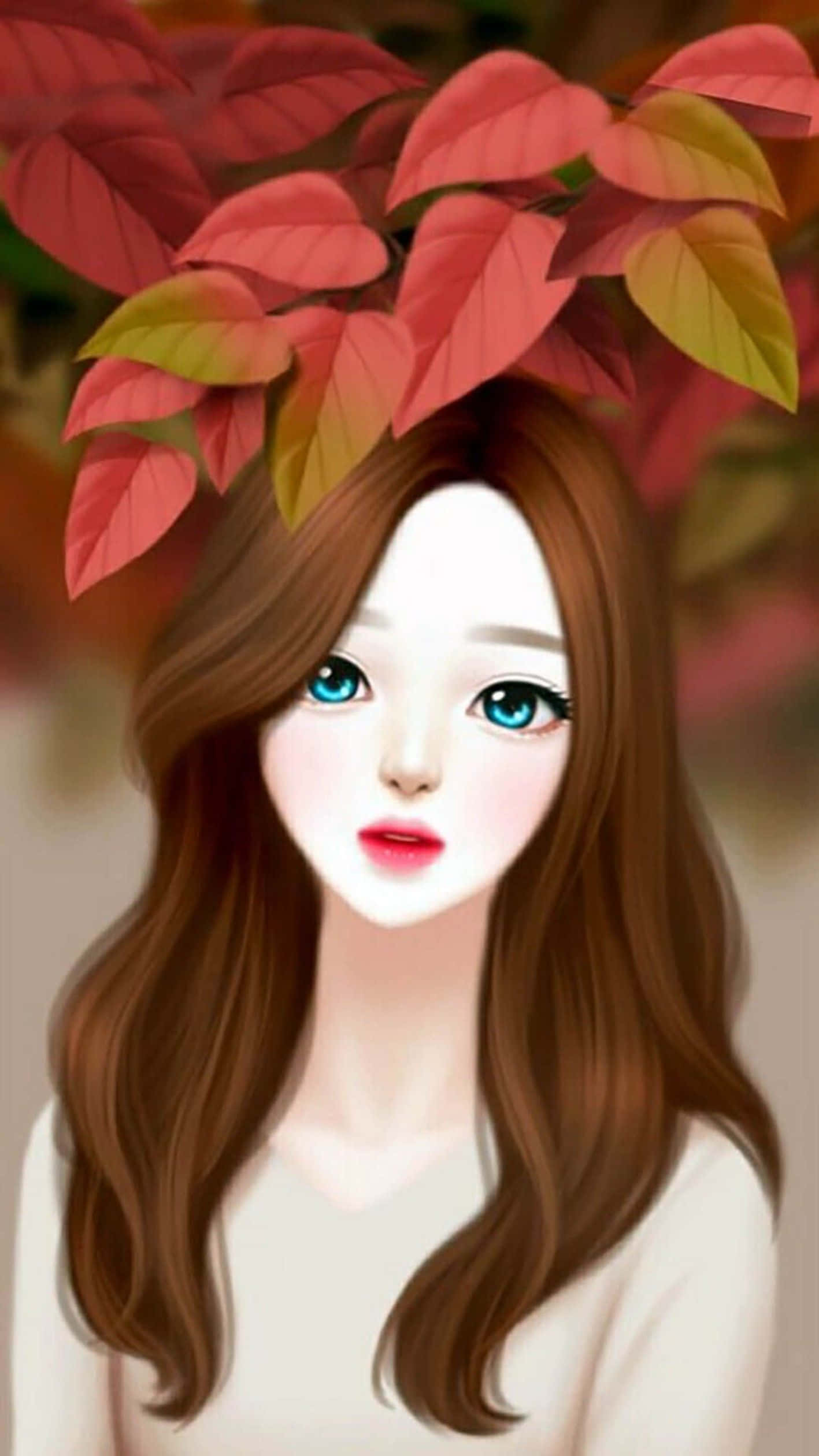 桌布 壁紙 — 一位藍眼睛、棕色頭髮的年輕女性戴著由紅色和黃色秋葉製成的王冠。