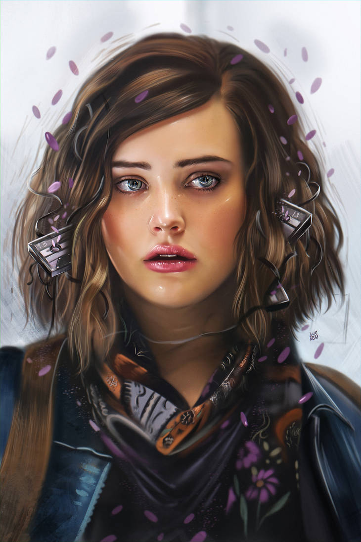 Katherine Langford 桌布 壁紙 — 一位藍眼睛棕色頭髮的年輕女性佩戴未來風格的耳機，紫色花瓣在她周圍飄舞，形成一幅數位藝術肖像。