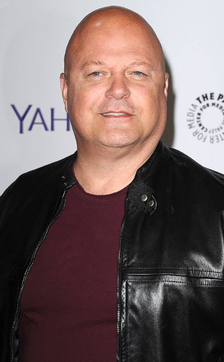 actor 桌布 壁紙 — 一位藍眼睛的光頭男士在媒體活動中微笑，身穿黑色皮夾克，內搭栗色襯衫。