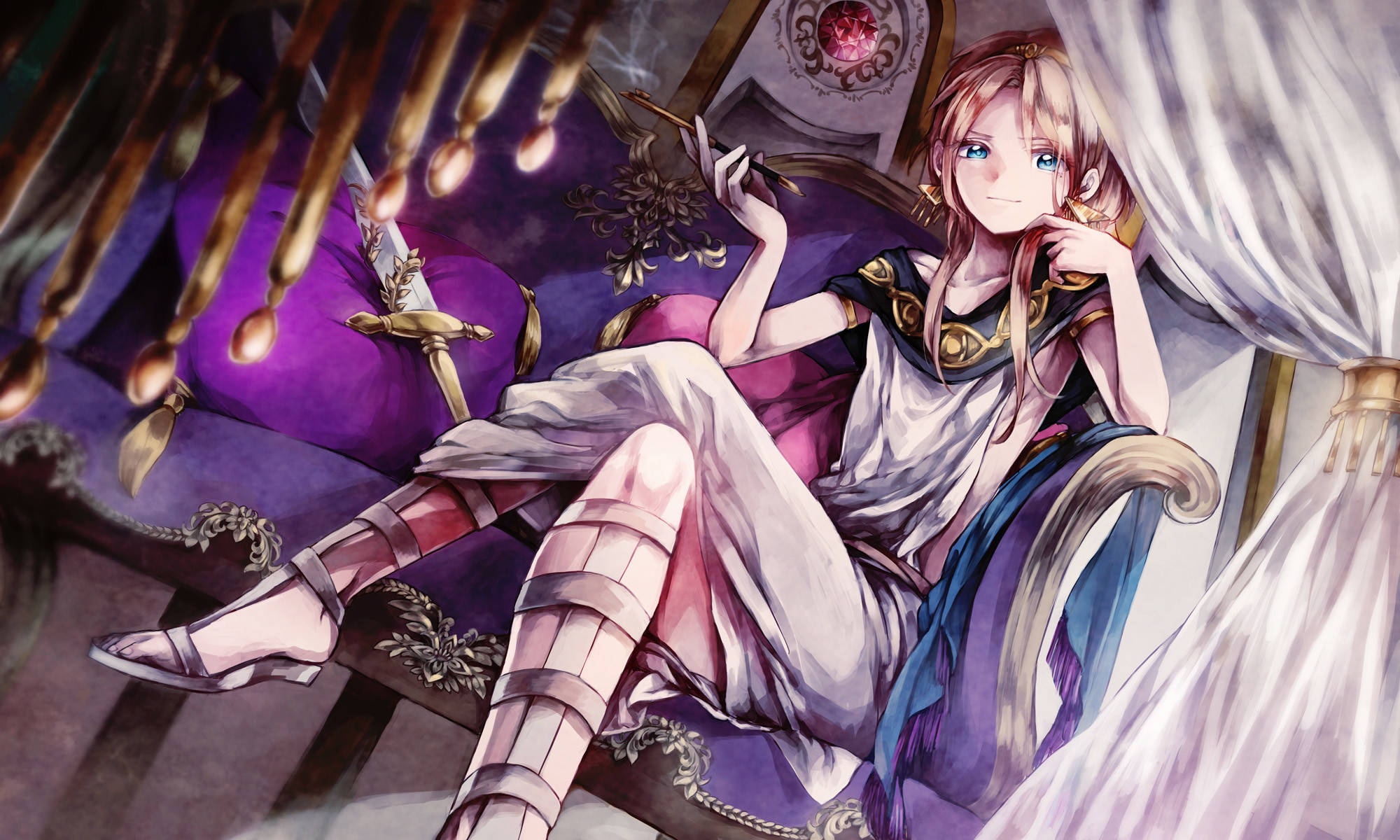 magi the kingdom of magic 桌布 壁紙 — 一位藍眼睛的寧靜動漫女孩斜倚在紫色王座上，手持劍，身披華麗盔甲和飄逸長袍。