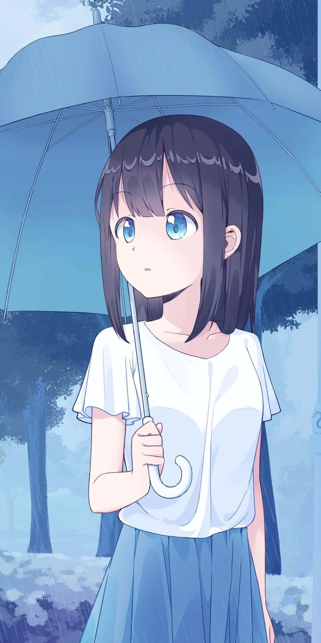 Umbrella 桌布 壁紙 — 一位藍眼睛的年輕動漫女孩在雨天下撐著藍色雨傘，背景是模糊的樹木。