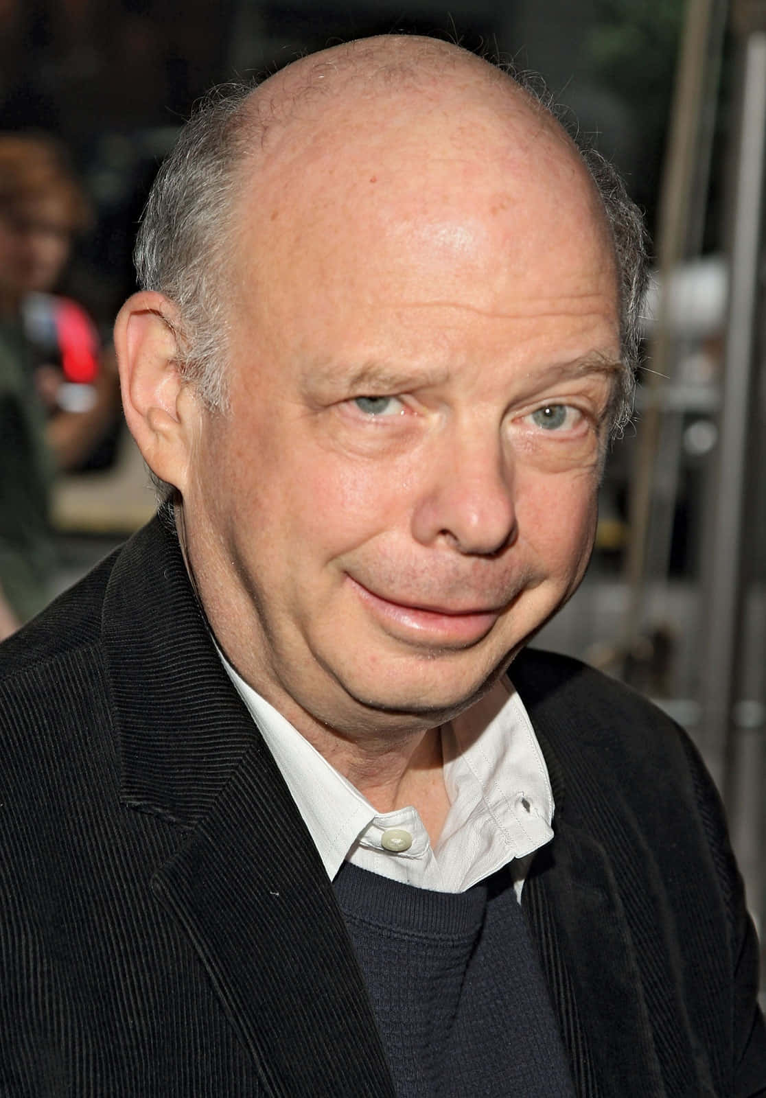 Wallace Shawn 桌布 壁紙 — 一位藍眼禿頭男士的特寫肖像，身穿深色燈芯絨外套，內搭白襯衫和深色毛衣。