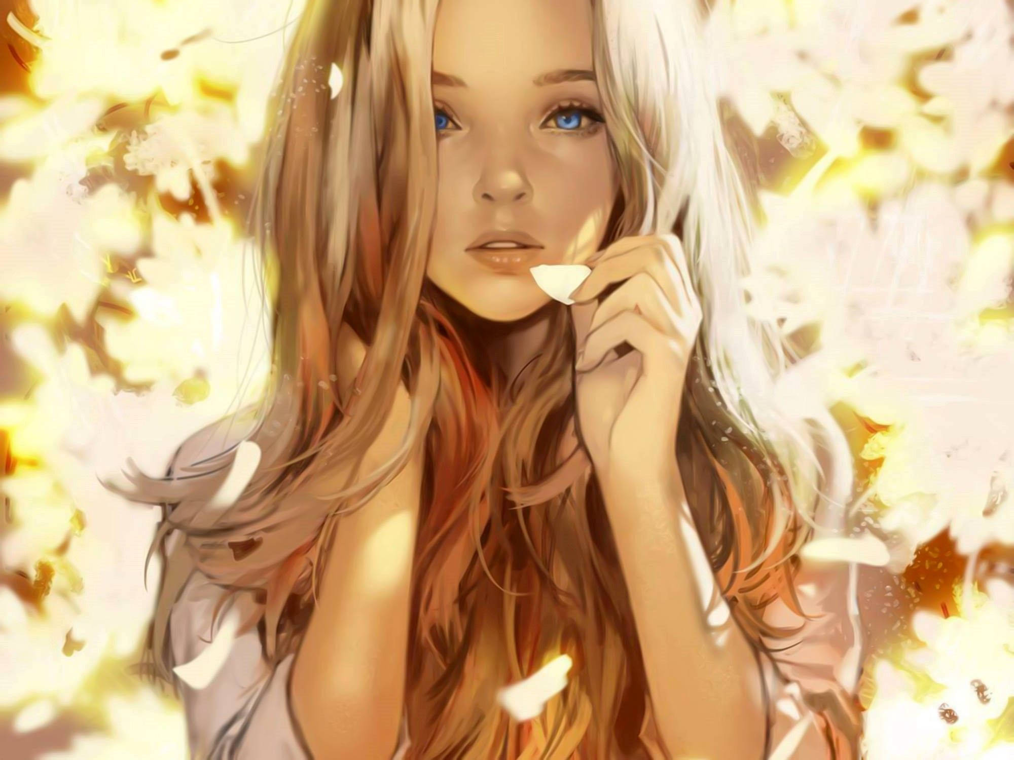 可愛秋天 桌布 壁紙 — 一位藍眼金髮飄逸的寧靜動漫女孩，在金色的秋日光芒中手持一片白色花瓣。