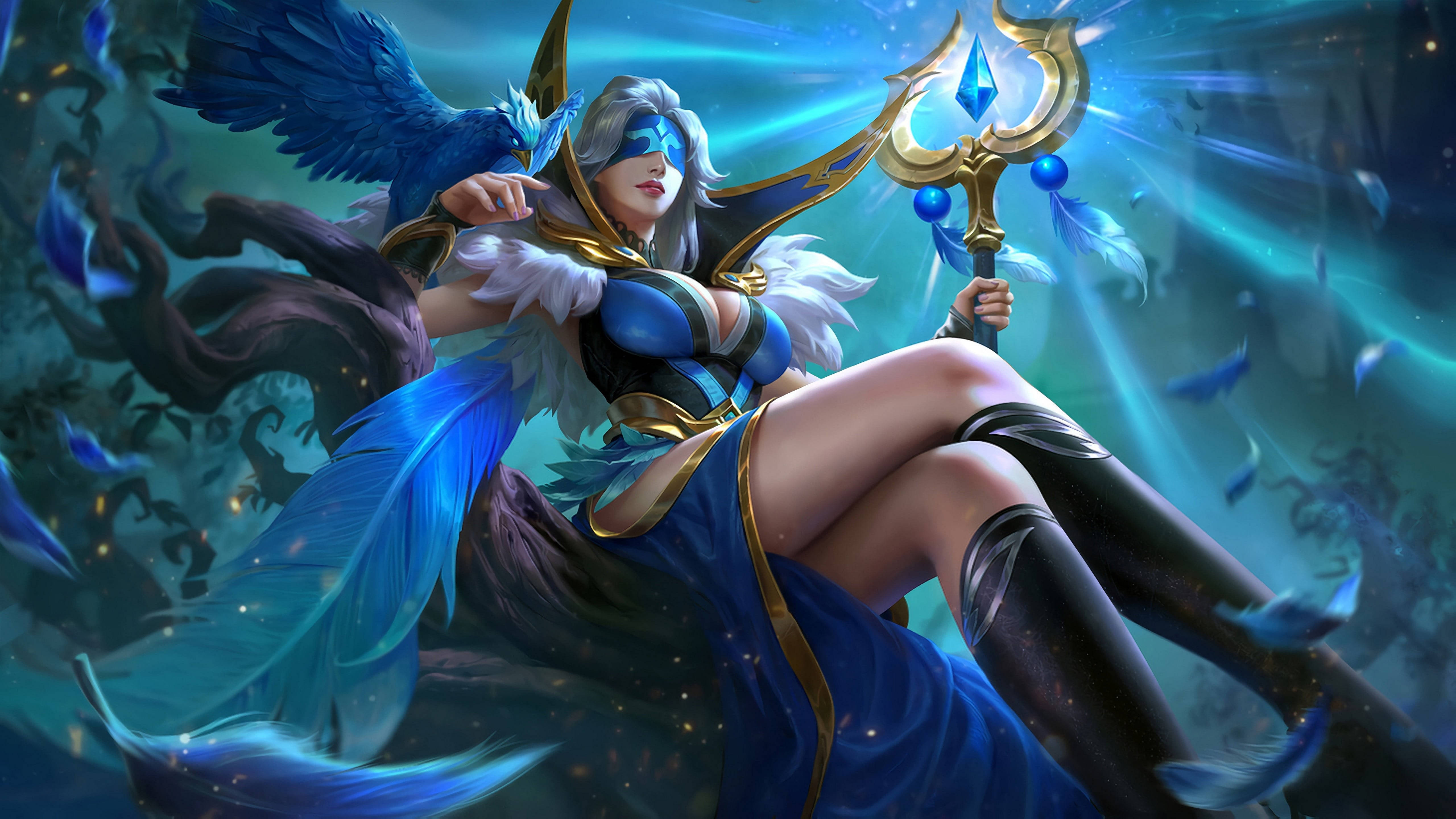 heroes 桌布 壁紙 — 一位藍翼奇幻戰士手持發光法杖，坐在旋轉羽毛和神秘能量之中。