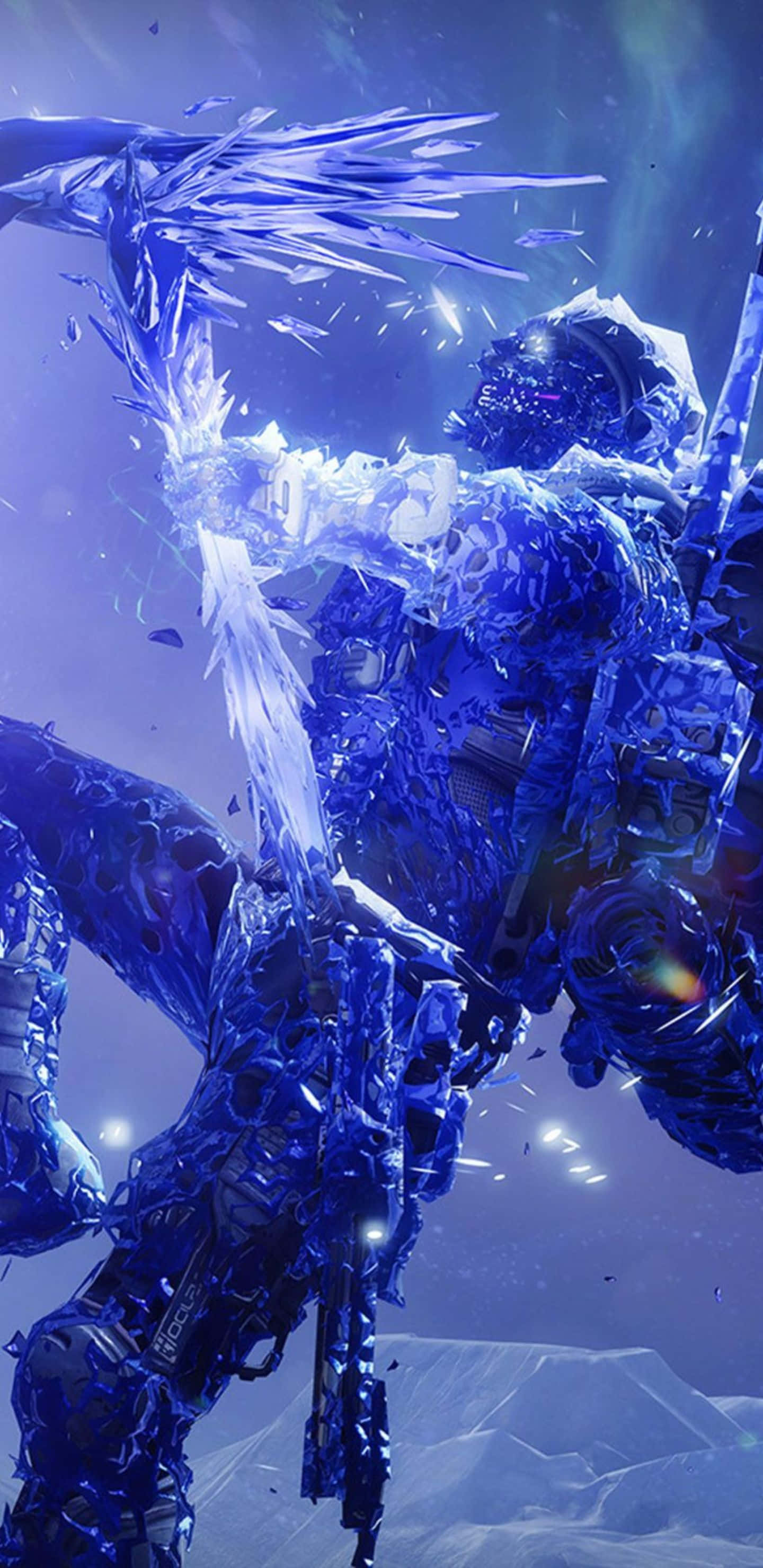冰雪奇緣 桌布 壁紙 — 一位藍色水晶裝甲戰士在星空下以發光的冰刃攻擊，背景是雪山。
