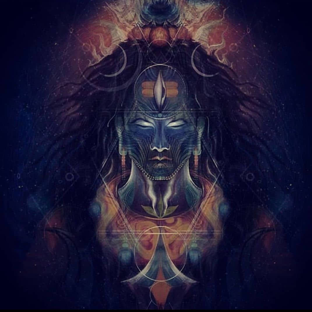詭異的GIF 桌布 壁紙 — 一位藍色皮膚、頭髮飄逸的宇宙神祇，在點綴著幾何符號的星空夜空下散發神聖能量。