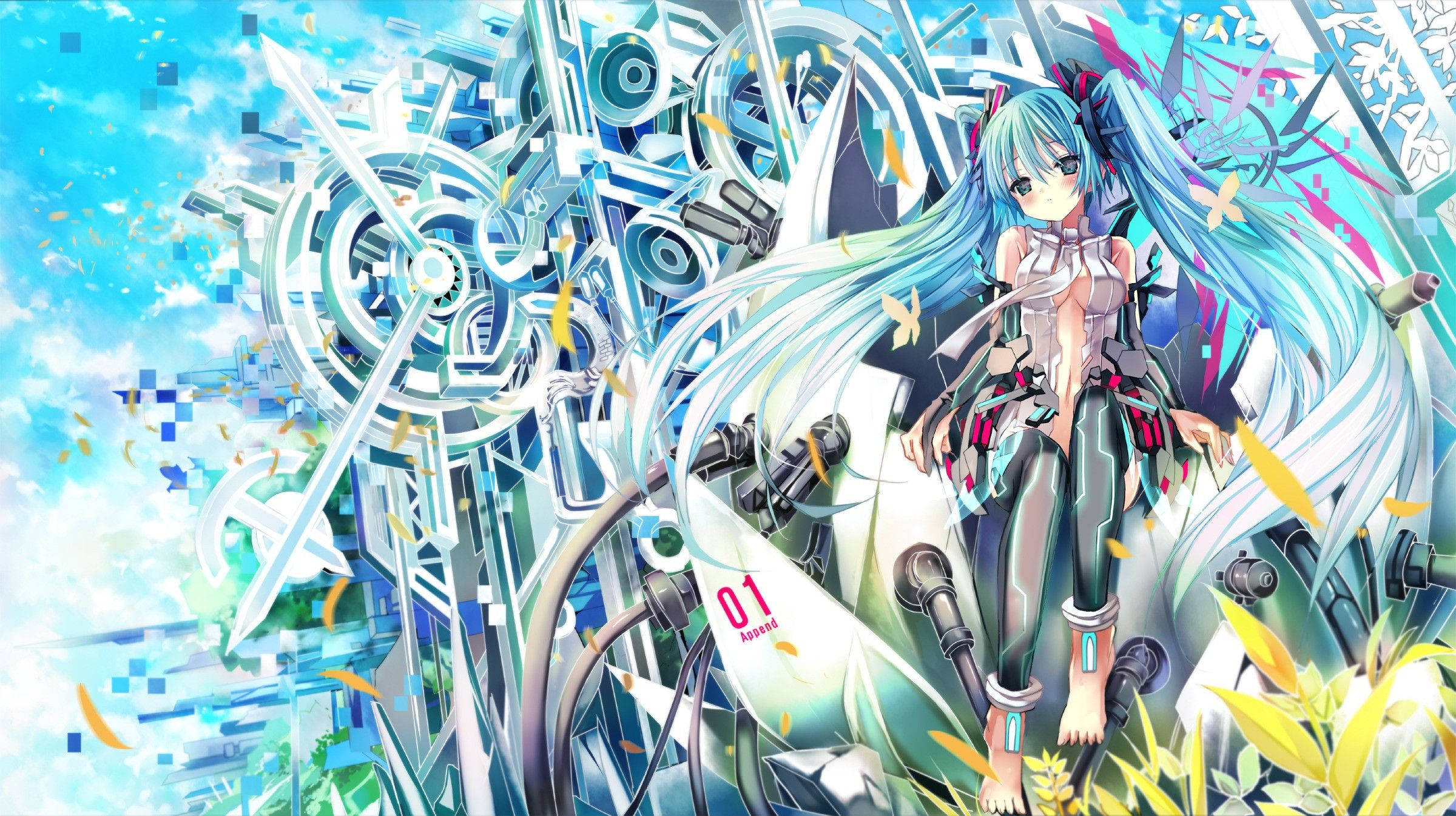 miku 桌布 壁紙 — 一位藍色長髮飄逸的動漫女孩坐在混亂爆發的機械齒輪和發光藍色碎片中，背景是明亮的天空。