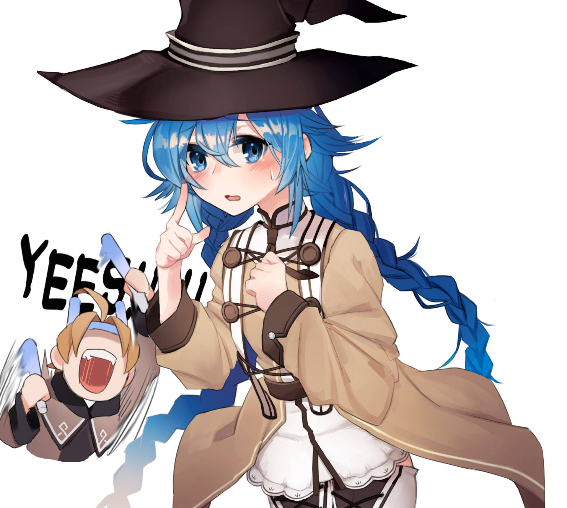 Mushoku Tensei 桌布 壁紙 — 一位藍色頭髮、戴著棕色帽子和外套的開朗動漫女巫，俏皮地指著，旁邊一個有翅膀的小男孩在喊叫。