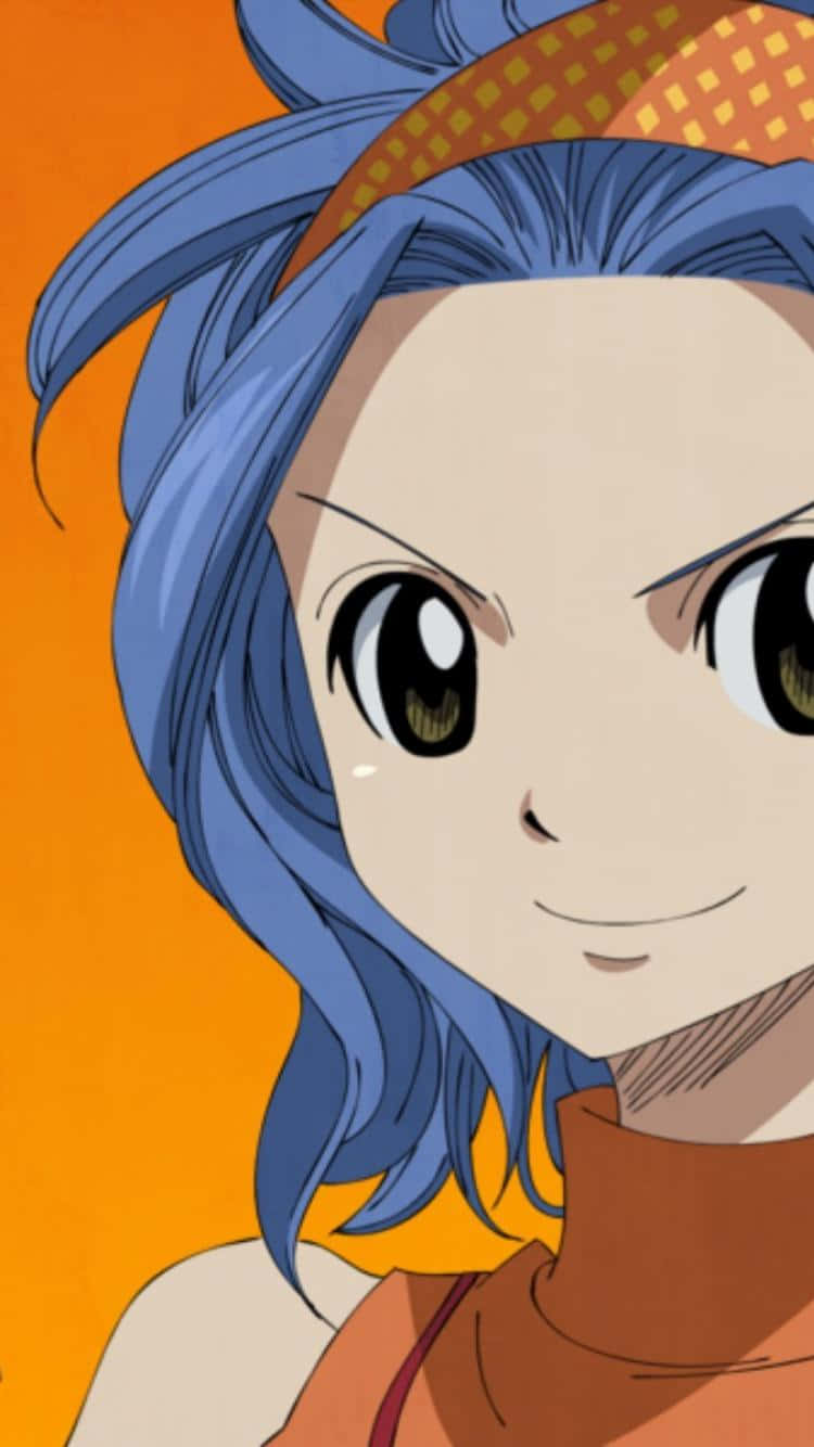 Levy Mcgarden 桌布 壁紙 — 一位藍色頭髮、戴著橙色頭帶的開朗動漫女孩，在純橙色背景上溫暖地微笑。