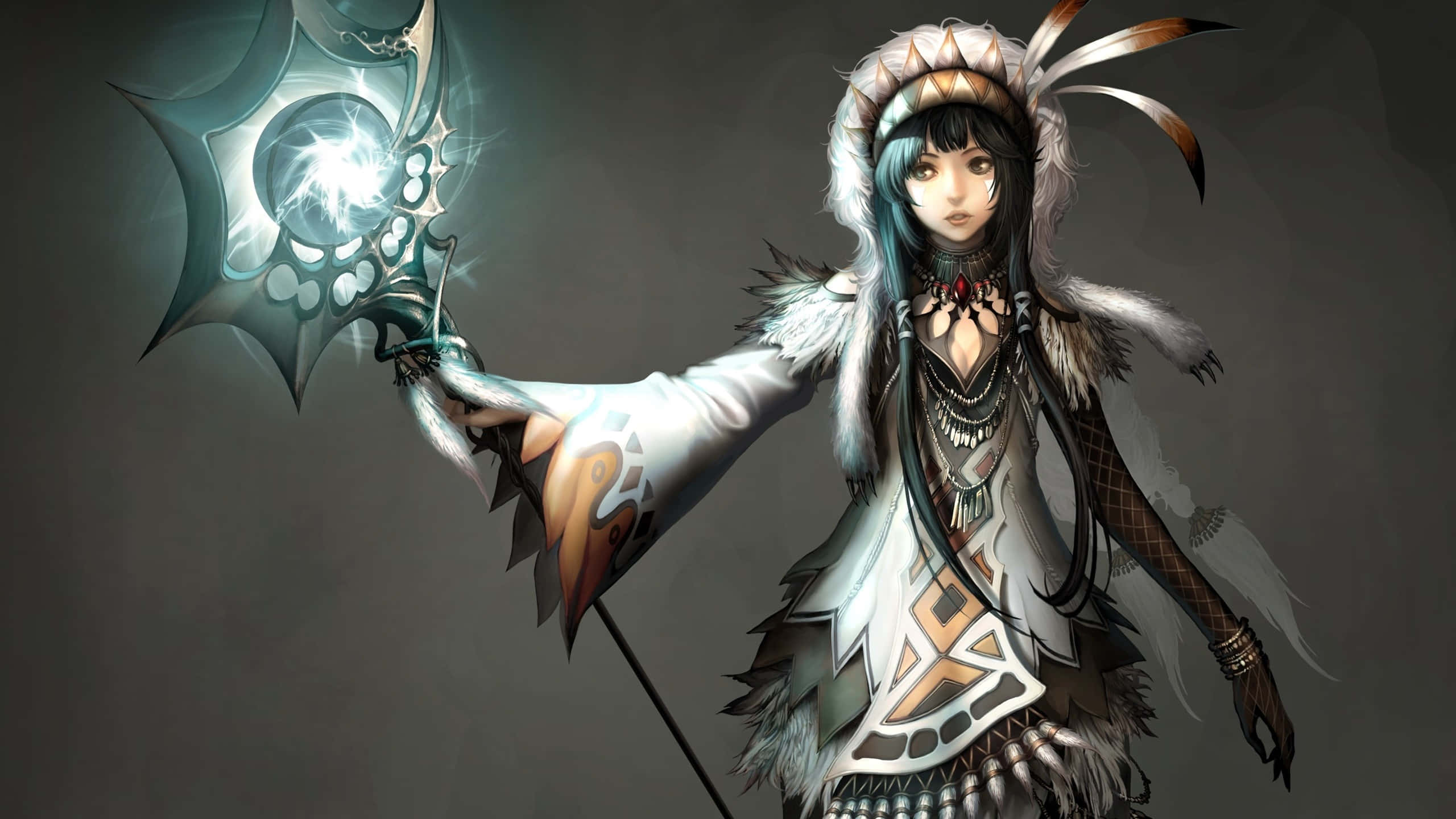 Online Gaming 桌布 壁紙 — 一位藍色頭髮、戴著羽毛頭飾的奇幻女戰士，在深灰色背景前揮舞著發光的華麗斧頭。