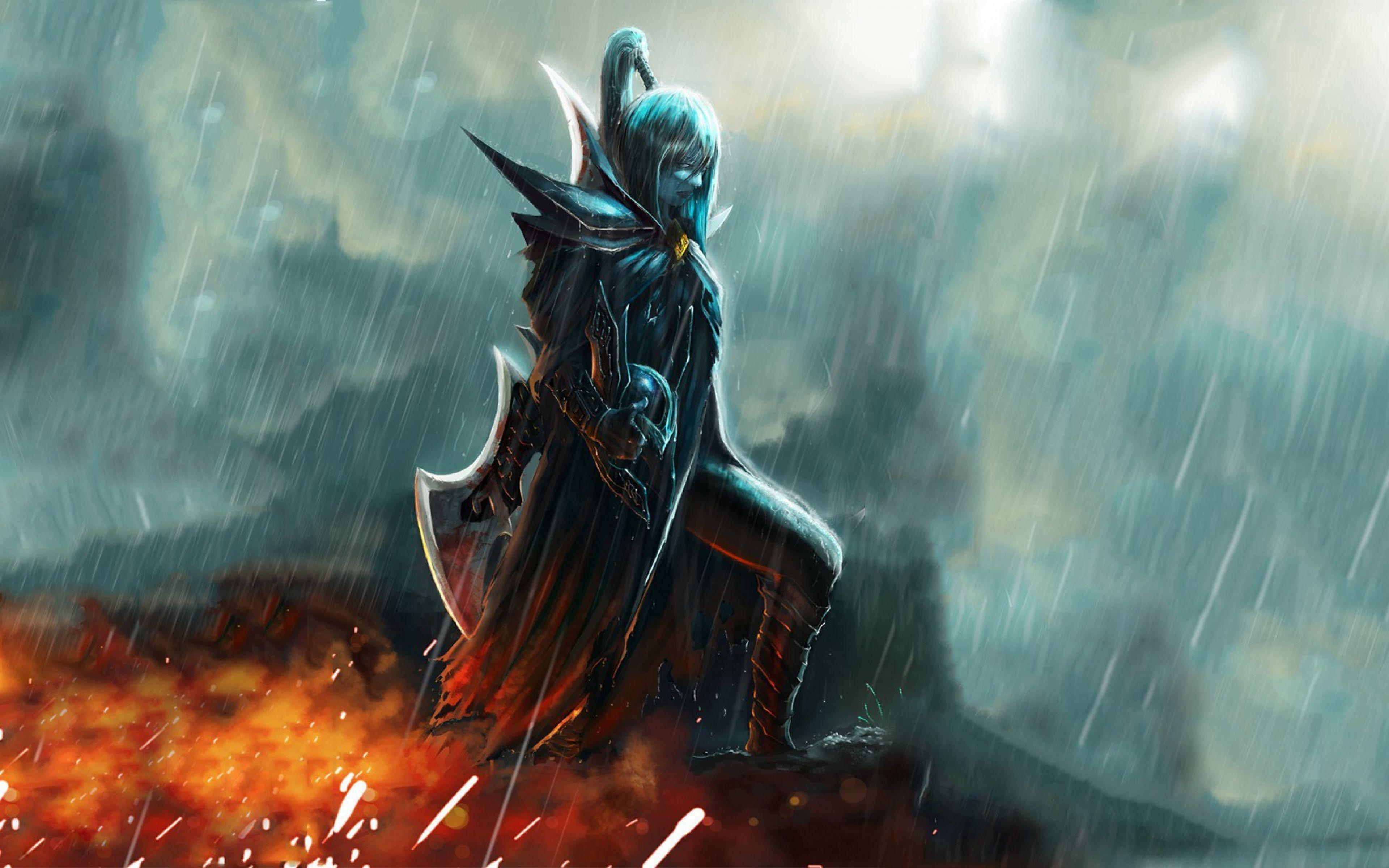 Dota 2 桌布 壁紙 — 一位藍色頭髮、穿著尖刺盔甲的黑暗奇幻戰士，在風暴中挑釁地站立，火焰在他們腳下噴發。