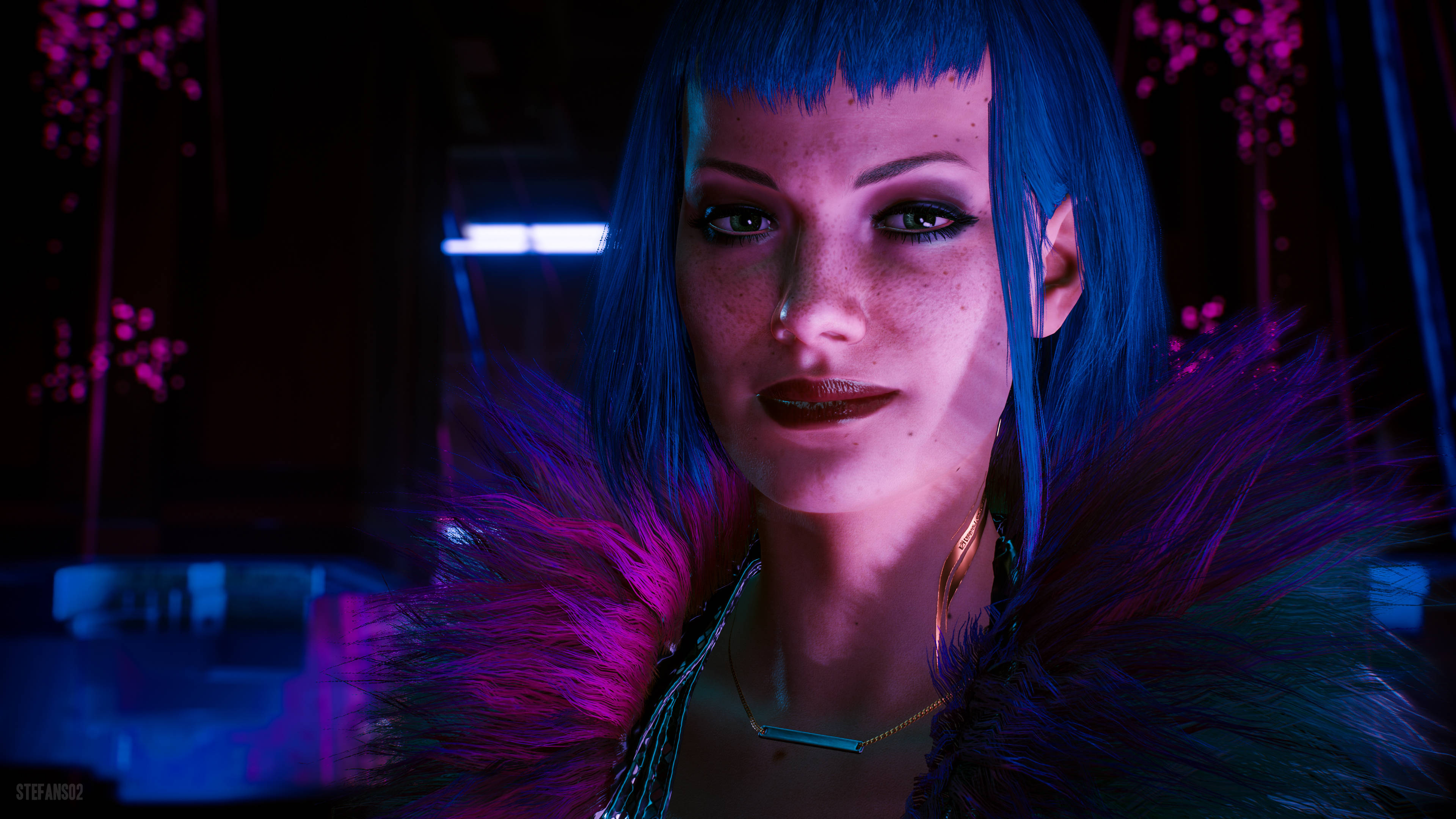 Cyberpunk Desktop 桌布 壁紙 — 一位藍色頭髮、紫色毛領的賽博龐克女性，在黑暗的未來場景中於霓虹燈下發光。