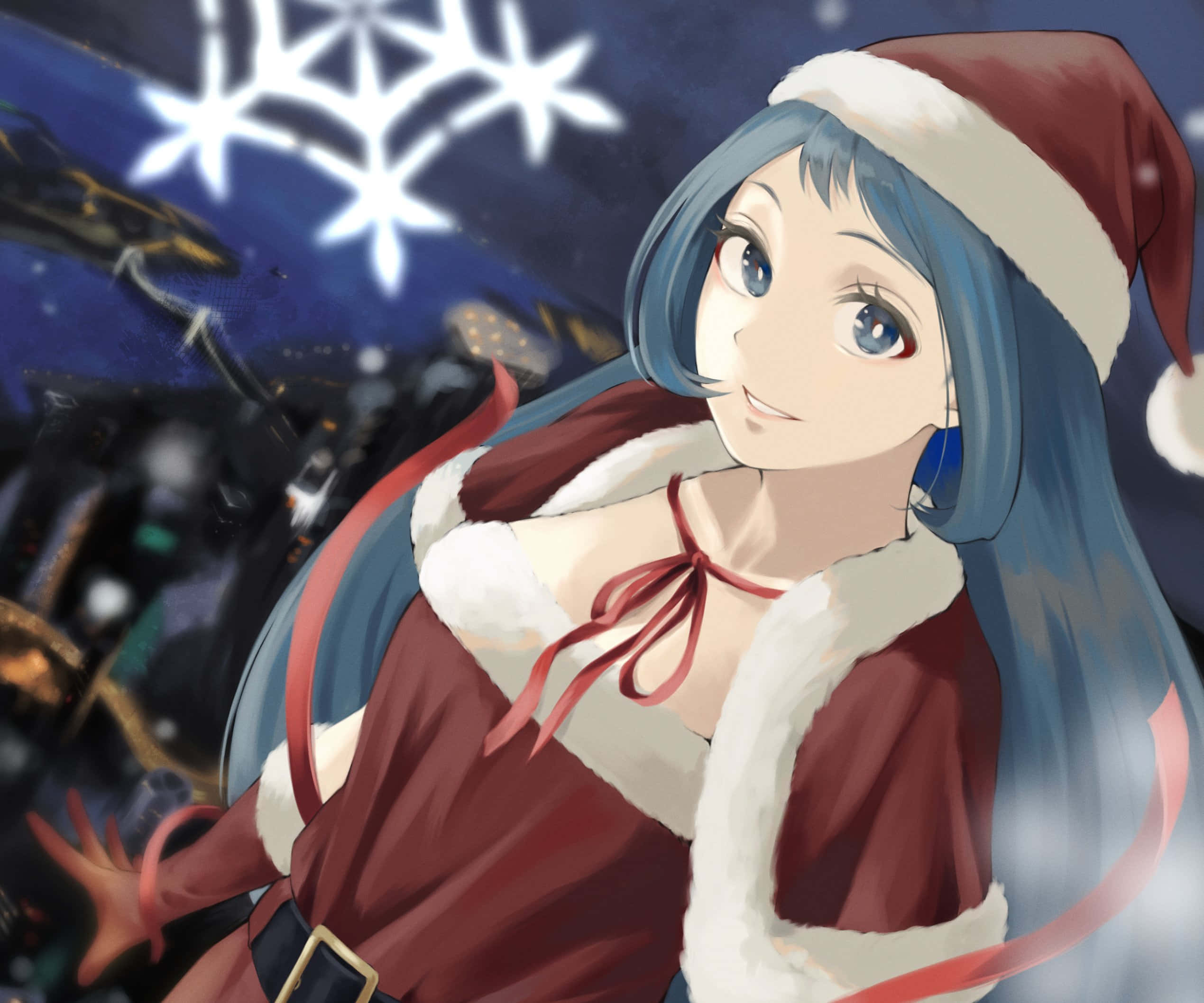 Nejire Hado 桌布 壁紙 — 一位藍色頭髮的開朗動漫女孩，在雪夜天空下穿著聖誕老人服裝，周圍有發光的雪花。