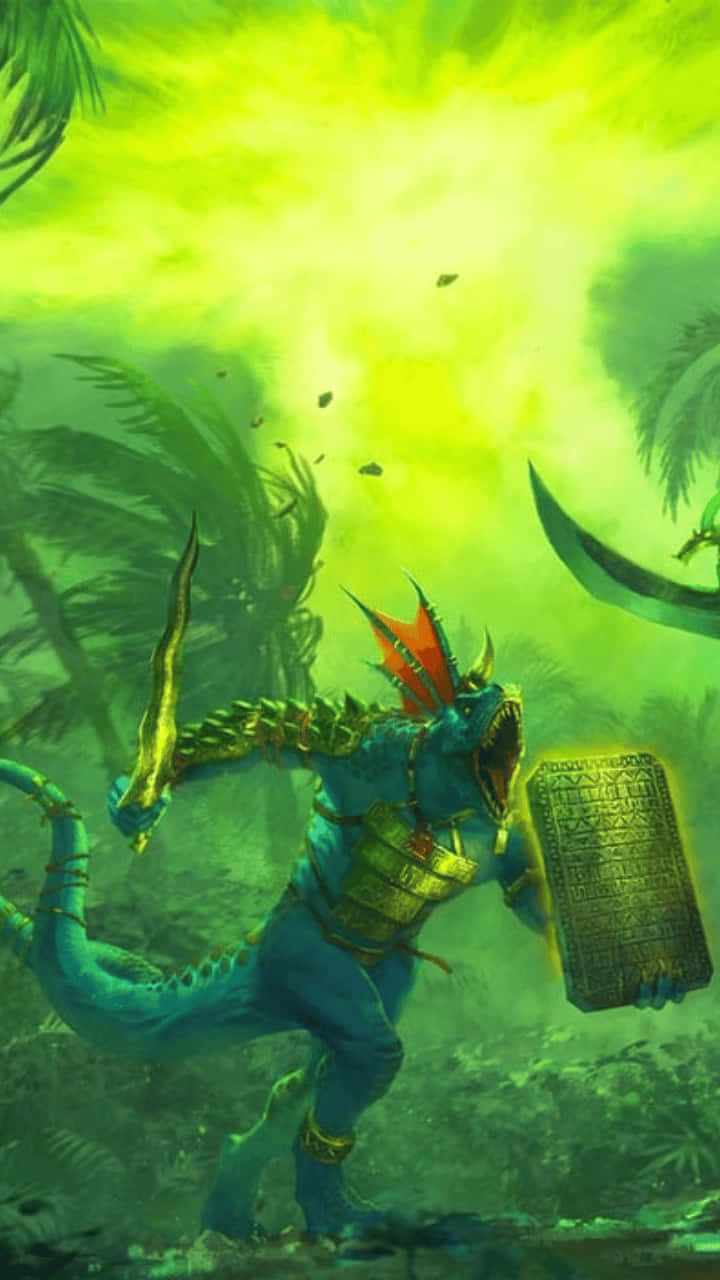 Android Total War Warhammer Ii 桌布 壁紙 — 一位藍色鱗片、紅色角的戰士在發光的綠色叢林中揮舞著弓和盾牌，天空燦爛。