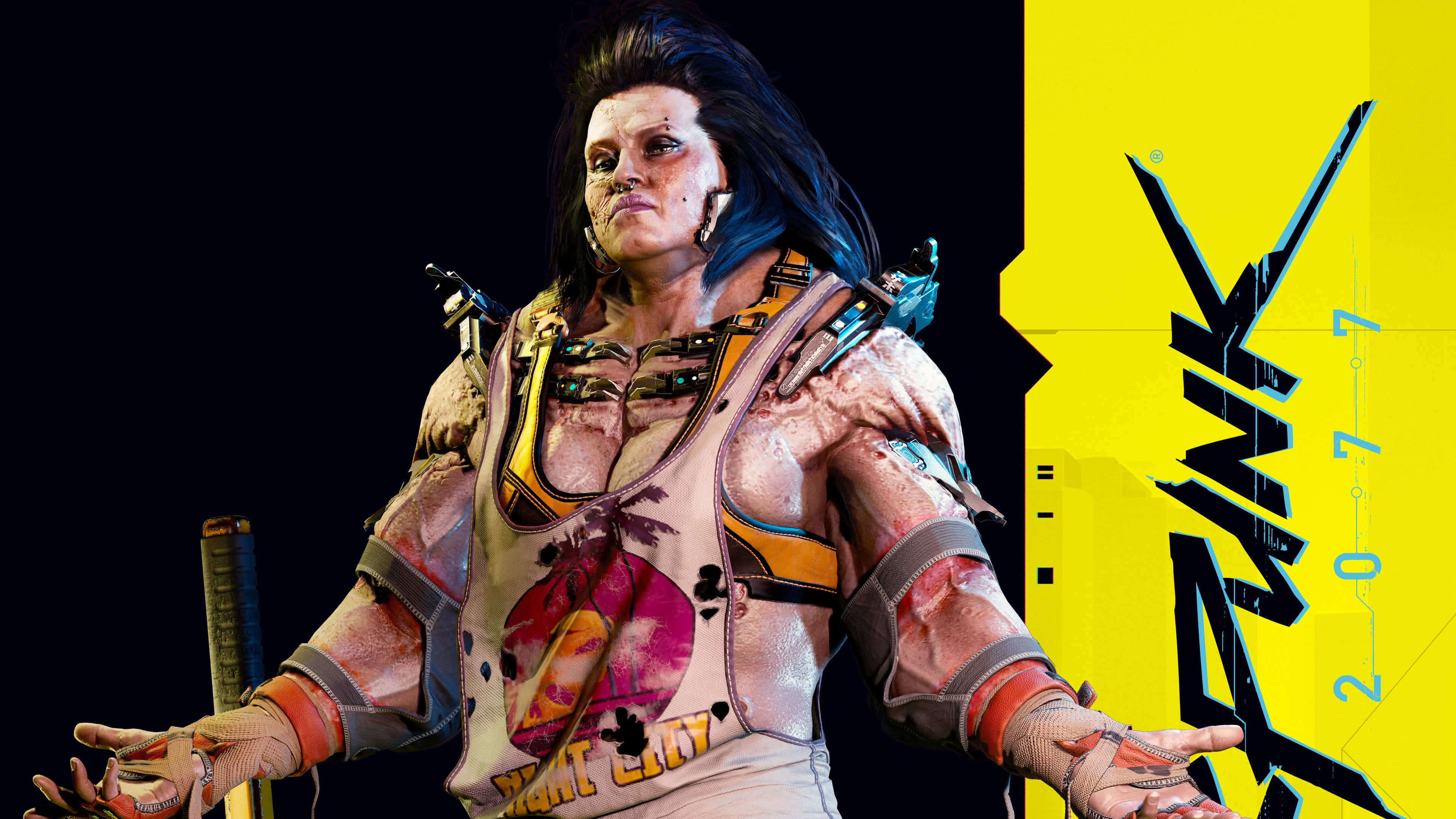 Cyberpunk 2077 Characters 桌布 壁紙 — 一位藍髮、帶有戰鬥傷疤的賽博龐克戰士，站在鮮明的黑色與螢光黃背景前。
