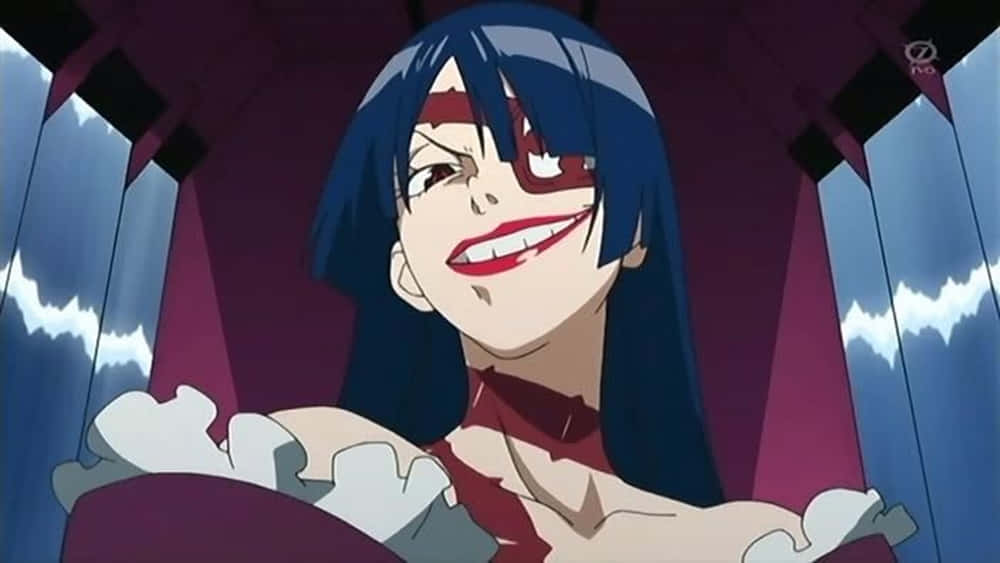 Gurren Lagann Adiane 桌布 壁紙 — 一位藍髮、帶有紅色標記、咧嘴大笑的動漫女孩，身穿荷葉邊紅色服裝，背景為深色幾何圖案。