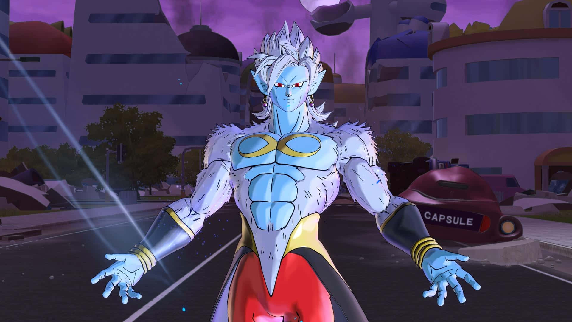 Dragon Ball Xenoverse 2 桌布 壁紙 — 一位藍髮、眼睛發光的動漫戰士，在紫色天空下，強勢地站在廢墟城市街道上。