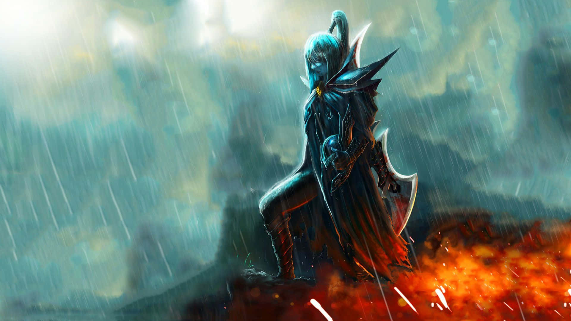 Phantom Assassin 桌布 壁紙 — 一位藍髮、身穿華麗盔甲的黑暗奇幻戰士在風暴中挑釁地站立，高舉發光斧頭於熾熱地面之上。