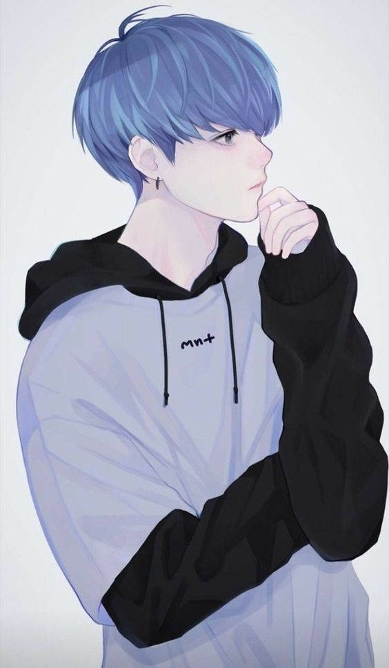 Bts Anime 桌布 壁紙 — 一位藍髮、身穿黑色連帽衫的年輕男子，在純白背景前若有所思地望向一旁。