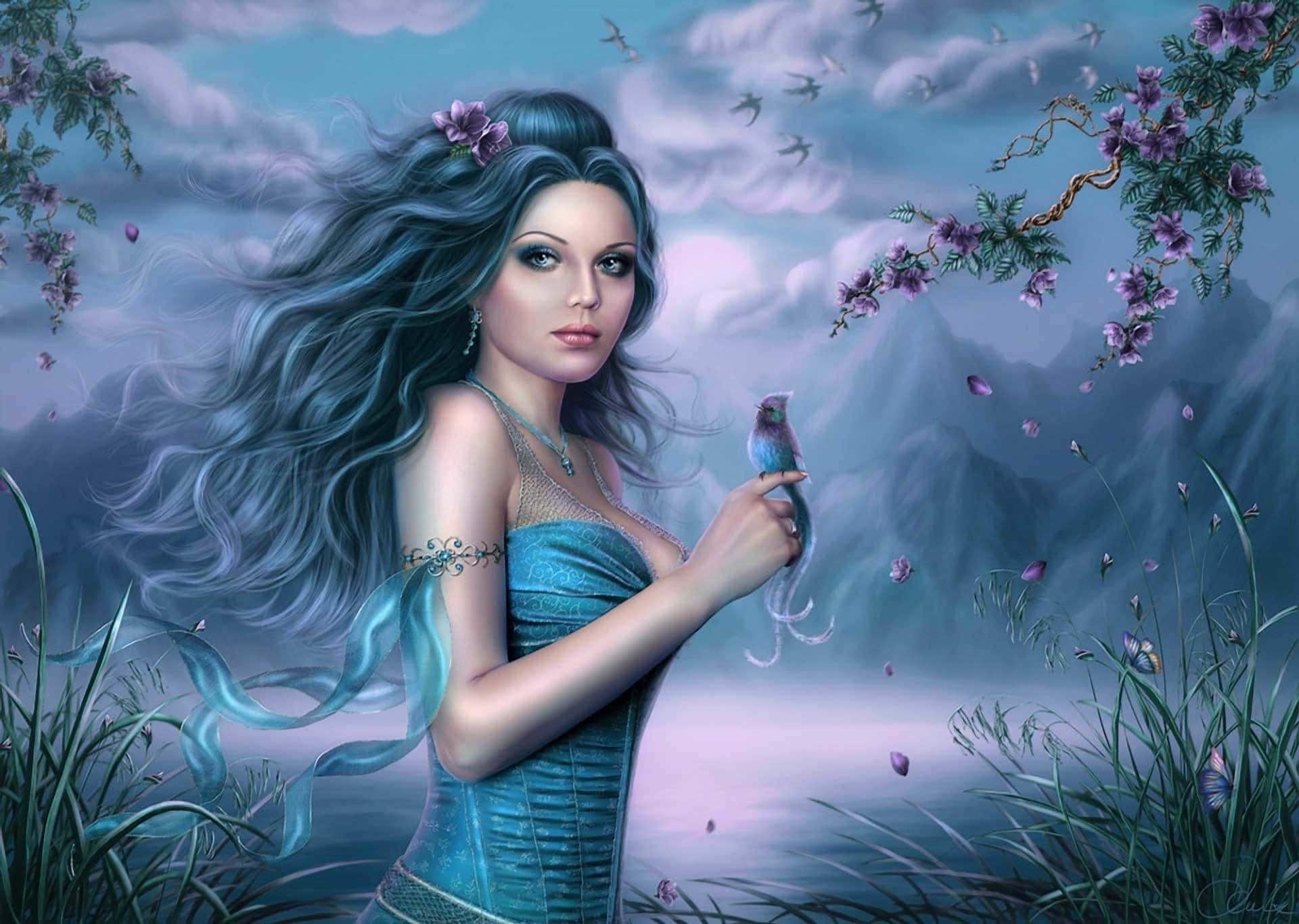 3d Fantasy 桌布 壁紙 — 一位藍髮仙女身穿青綠色長袍，在飄浮的紫色花朵和霧氣繚繞的山巒中抱著一隻小鳥。