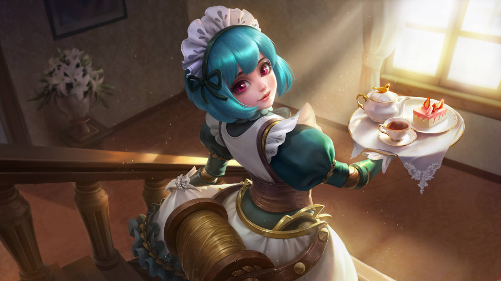 動漫女僕在陽光灑落的樓梯上提供茶和蛋糕。 — Mobile Legends 動態圖 壁紙