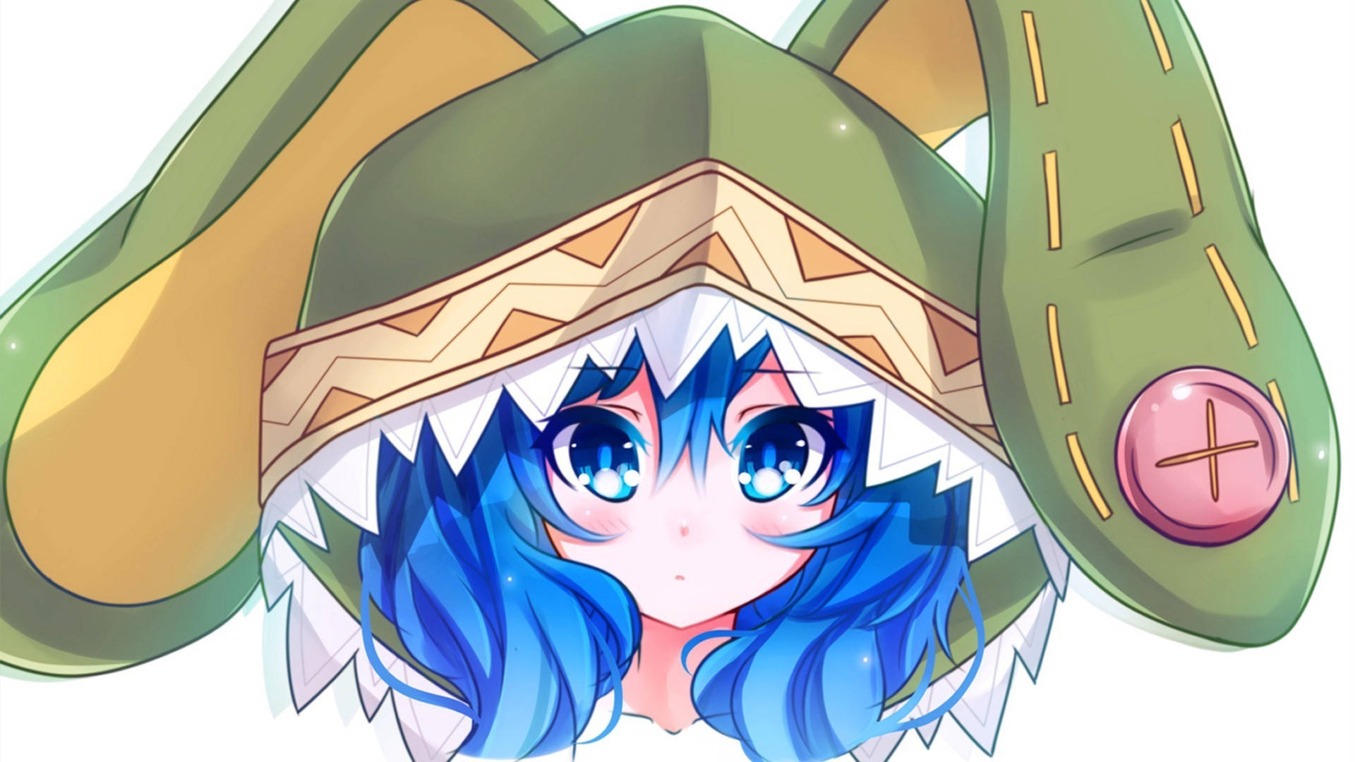 yoshino himekawa 桌布 壁紙 — 一位藍髮動漫女孩，大眼睛從帶有幾何圖案和粉紅色鈕扣的綠色連帽斗篷下探出頭來。