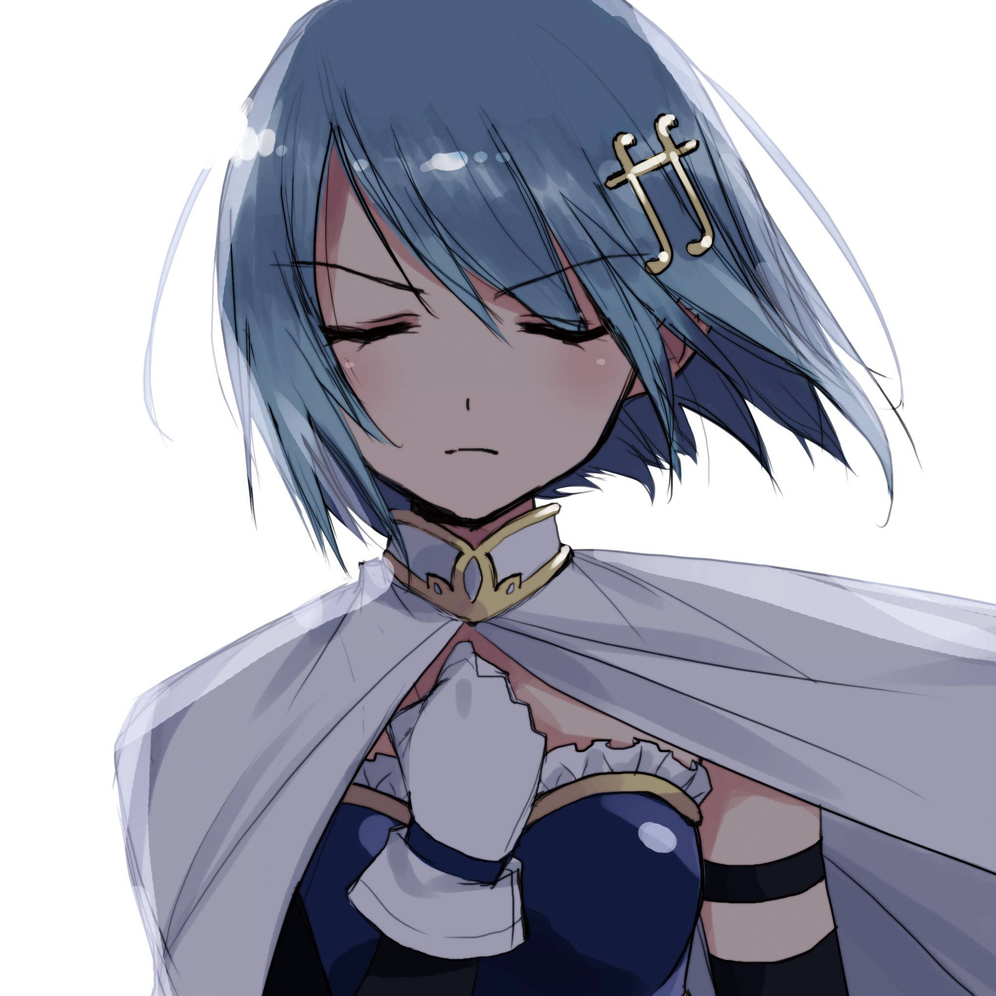 Madoka 桌布 壁紙 — 一位藍髮動漫女孩，戴著金色髮夾和披風，在白色背景前低頭沉思。