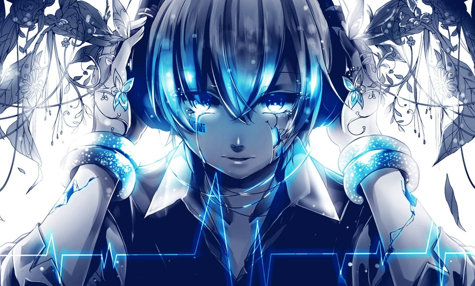 初音未來 桌布 壁紙 — 一位藍髮動漫女孩，擁有發光的眼睛和電光藍色點綴，周圍環繞著花卉圖案和心跳線條。