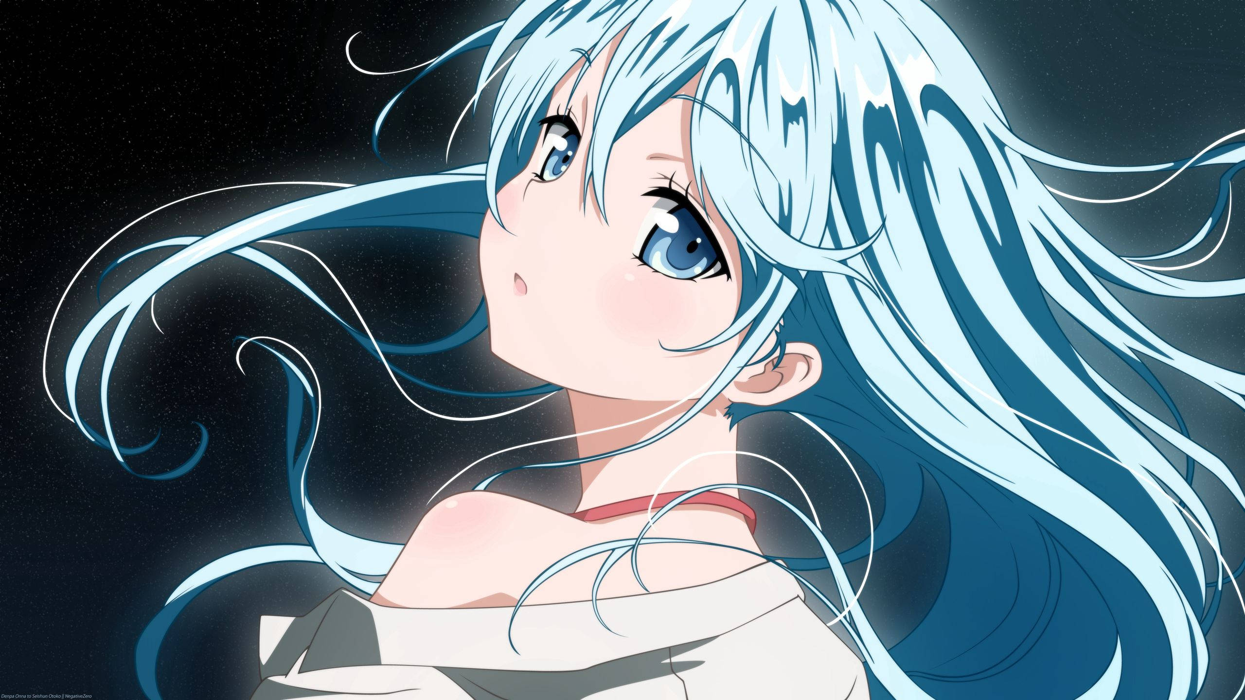 Animated 桌布 壁紙 — 一位藍髮動漫女孩，眼睛發光，仰望星空，頭髮飄逸。