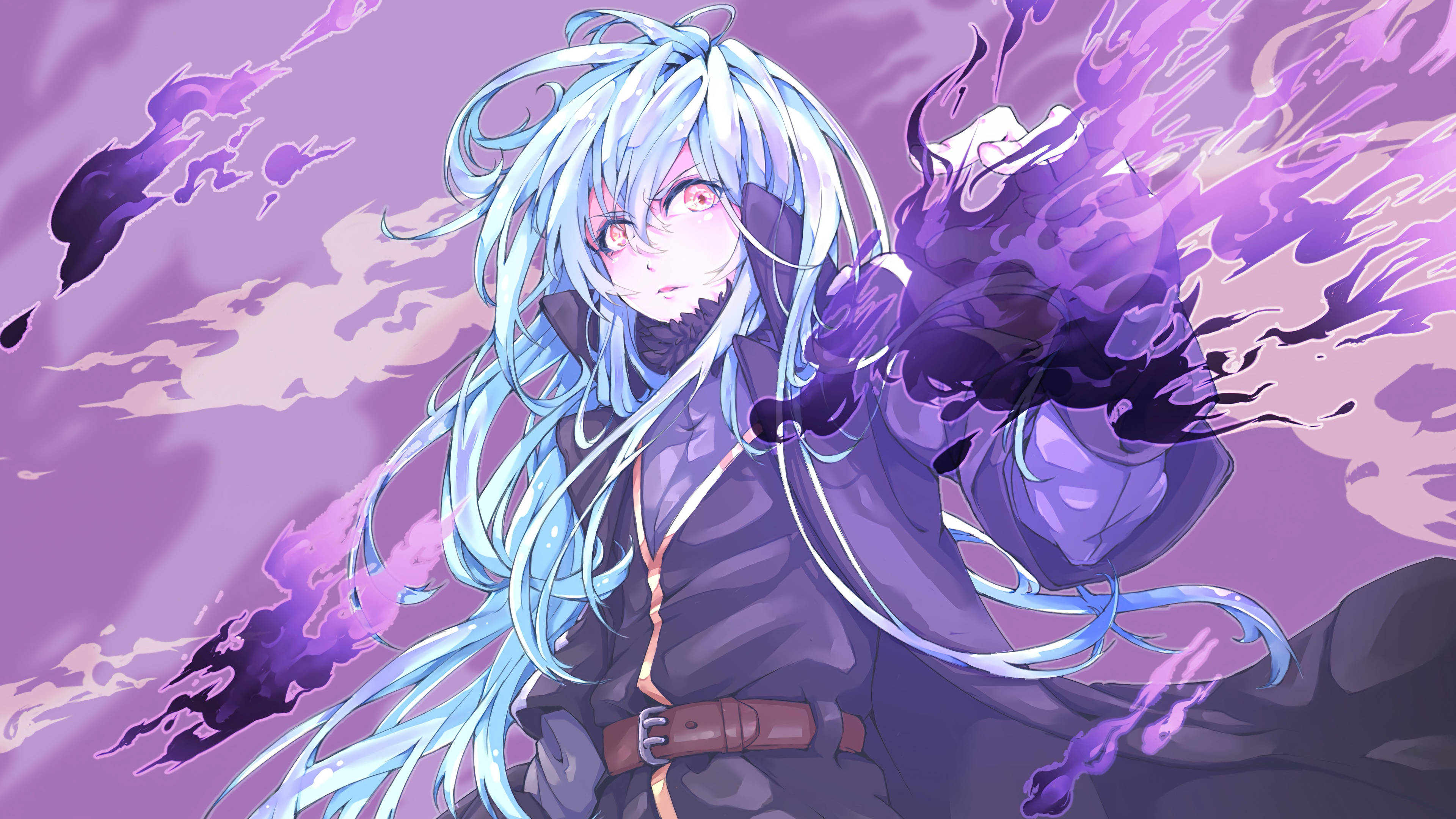 Rimuru 桌布 壁紙 — 一位藍髮動漫女孩，眼睛發光，在動感且風格化的插圖中引導紫色能量。