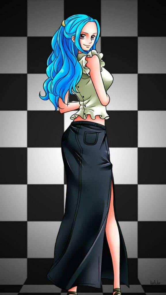 nefertari vivi 桌布 壁紙 — 一位藍髮動漫女孩，身穿綠色上衣和黑色裙子，在黑白格紋背景前自信地擺姿勢。