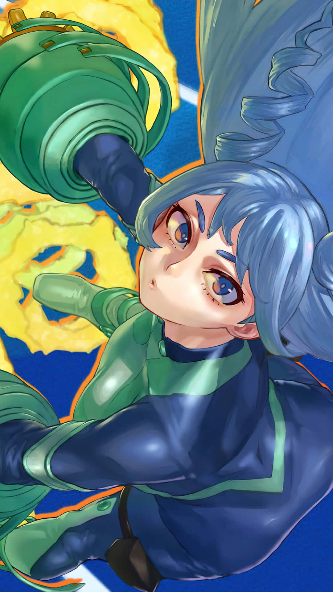 Nejire Hado 桌布 壁紙 — 一位藍髮動漫女孩，身穿綠色和藍色套裝，在火黃色和藍色背景中揮舞著一把巨大的綠色武器。