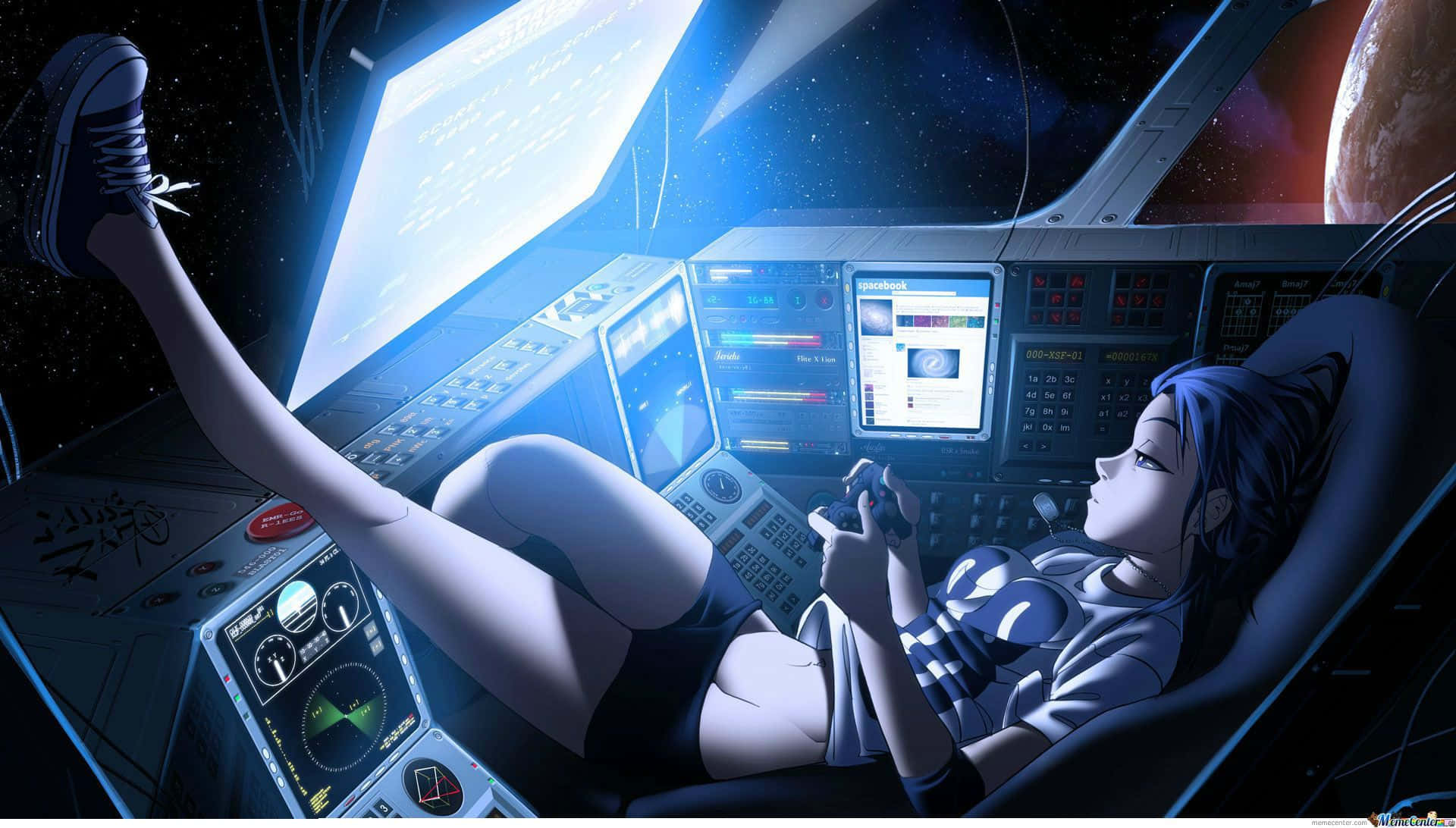 Kawaii Gaming Girl 桌布 壁紙 — 一位藍髮動漫女孩在太空船駕駛艙內放鬆，雙腳翹起，手持控制器，發光的螢幕在星空背景下照亮了她悠閒的姿勢。