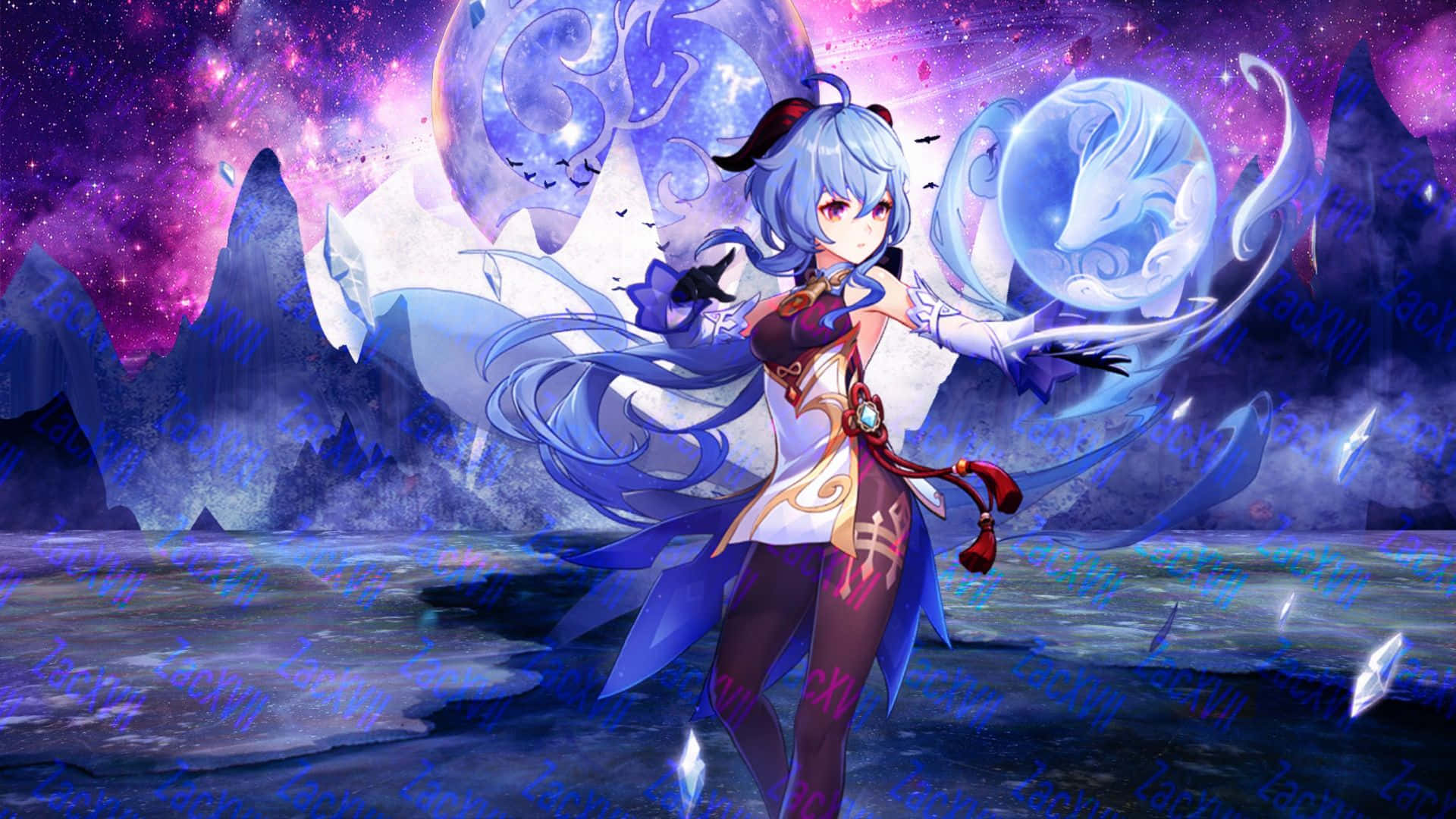 Genshin Impact Ganyu 桌布 壁紙 — 一位藍髮動漫女孩在紫色星空下，以宇宙山脈為背景揮舞著發光的水晶球。