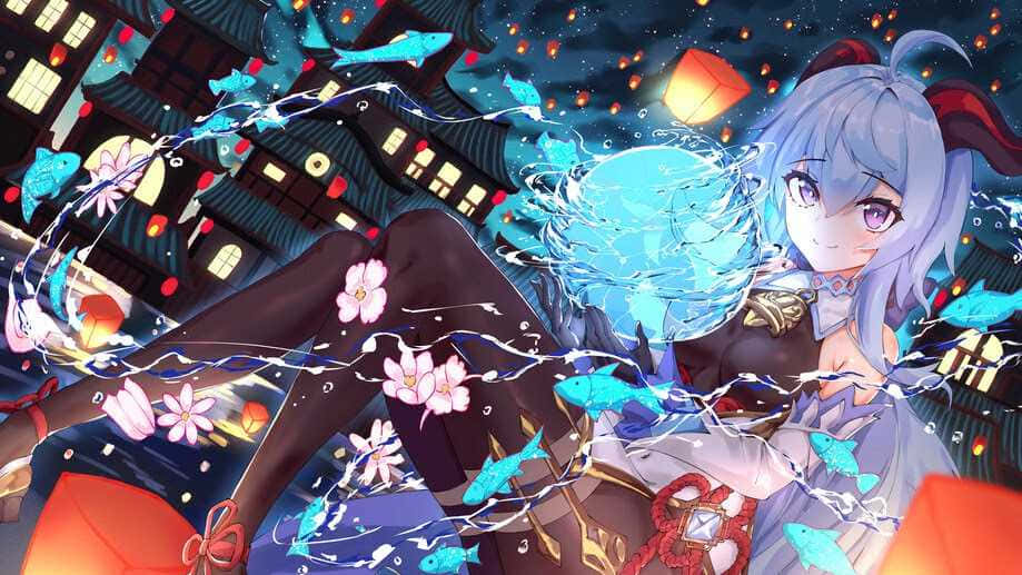 Genshin Impact Ganyu 桌布 壁紙 — 一位藍髮動漫女孩帶著水魔法和發光的魚，漂浮在一個傳統日本燈籠照亮的小鎮夜空中。