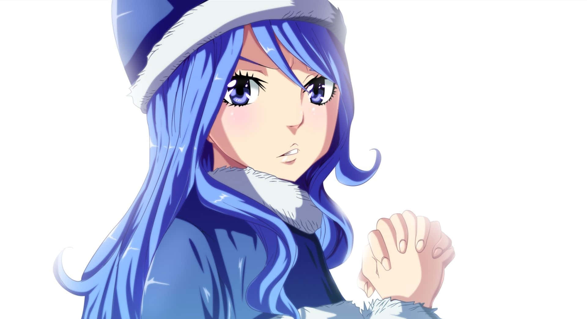 juvia lockser 桌布 壁紙 — 一位藍髮動漫女孩戴著冬帽和外套，在明亮的白色背景前以溫柔的表情向前看。