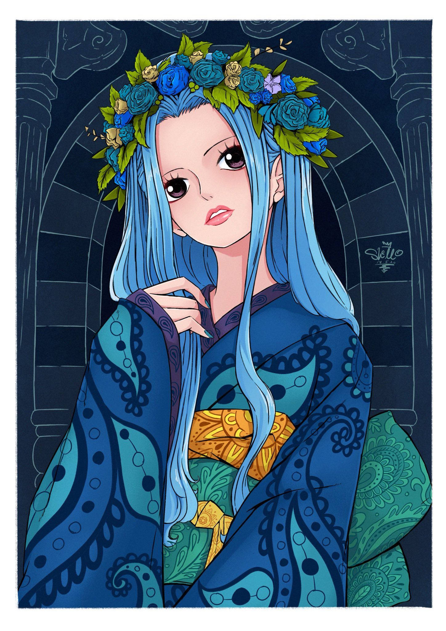 nefertari vivi 桌布 壁紙 — 一位藍髮動漫女孩戴著花冠，穿著圖案長袍，在黑暗拱形背景下溫柔凝視。