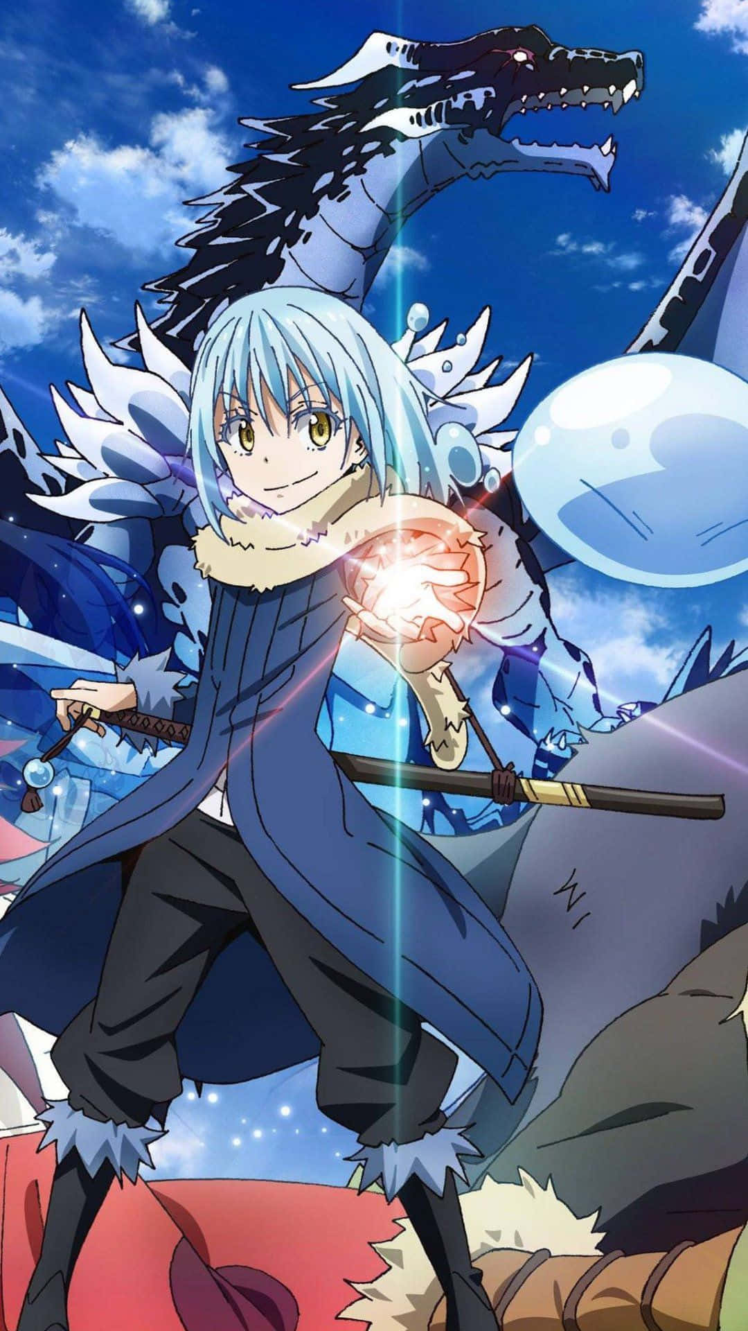 That Time I Got Reincarnated As A Slime 桌布 壁紙 — 一位藍髮動漫女孩揮舞著發光的球體和劍，一條巨龍在她身後明亮的藍天下隱約出現。